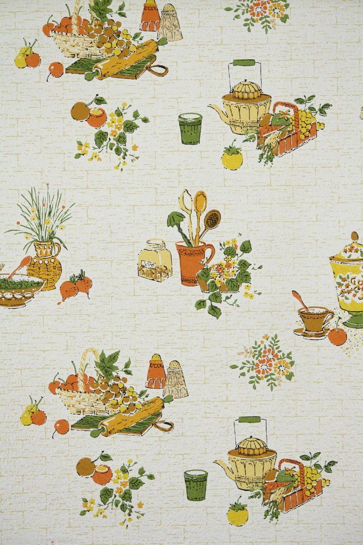 736x1104 1960s Vintage Wallpaper Kitchen Pattern with baskets of fruit and tea potss vintage, Vintage wallpaper, Kitchen wallpaper