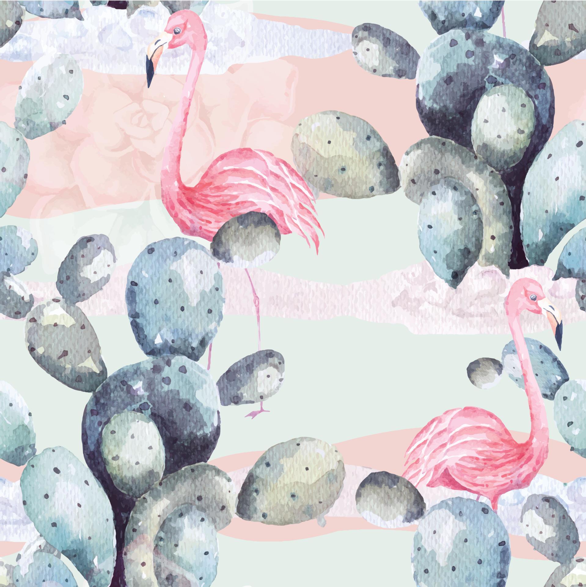 1918x1920 Seamless pattern cactus and flamingo painted with watercolors.For the design of the wallpaper and fabric style Vintage. Nature and minimalist cactus background
