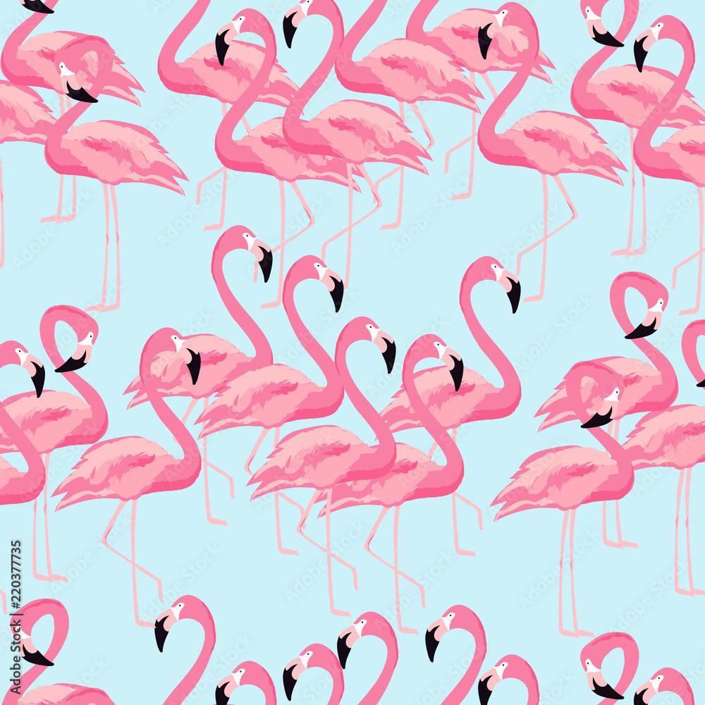 1000x1000 Tropical flamingo bird seamless pattern background. Colorful tropical poster design. Flamingos art print. Wallpaper, fabric, textile, wrapping paper vector illustration design Stock Vector
