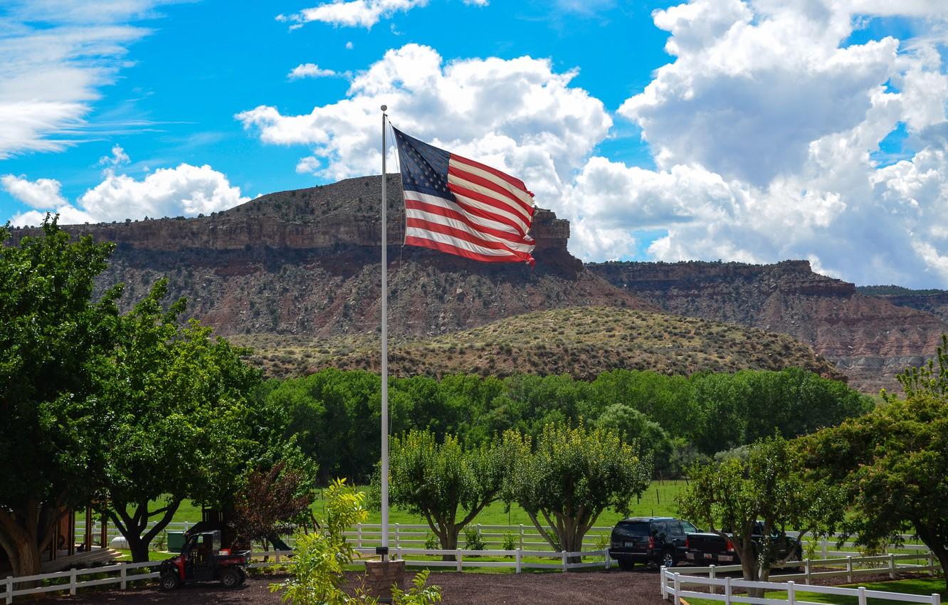 1332x850 Wallpaper trees, mountains, flag, America, USA, ranch, the flagpole image for desktop, section разное