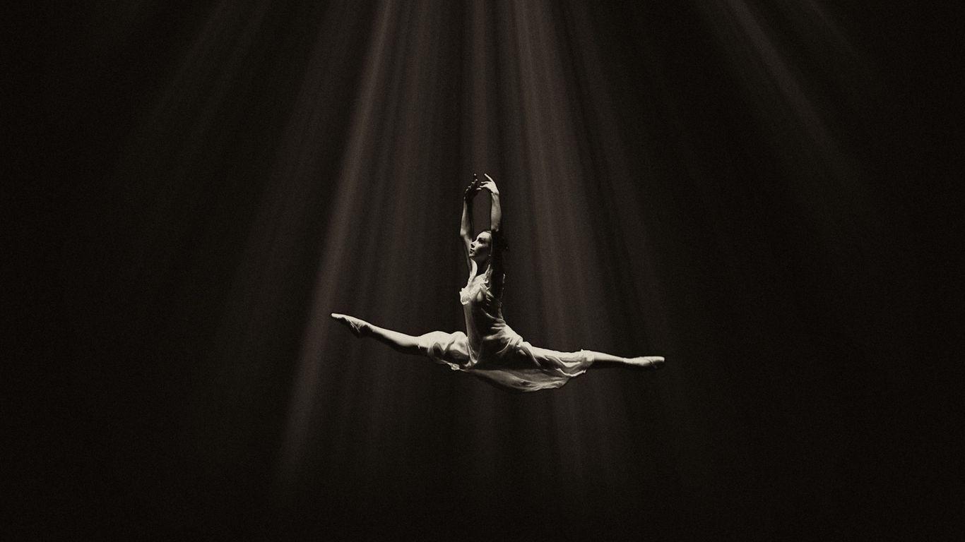 1366x768 Download wallpaper 1366x768 ballerina, ballet, dance, bw, flight tablet, laptop HD background