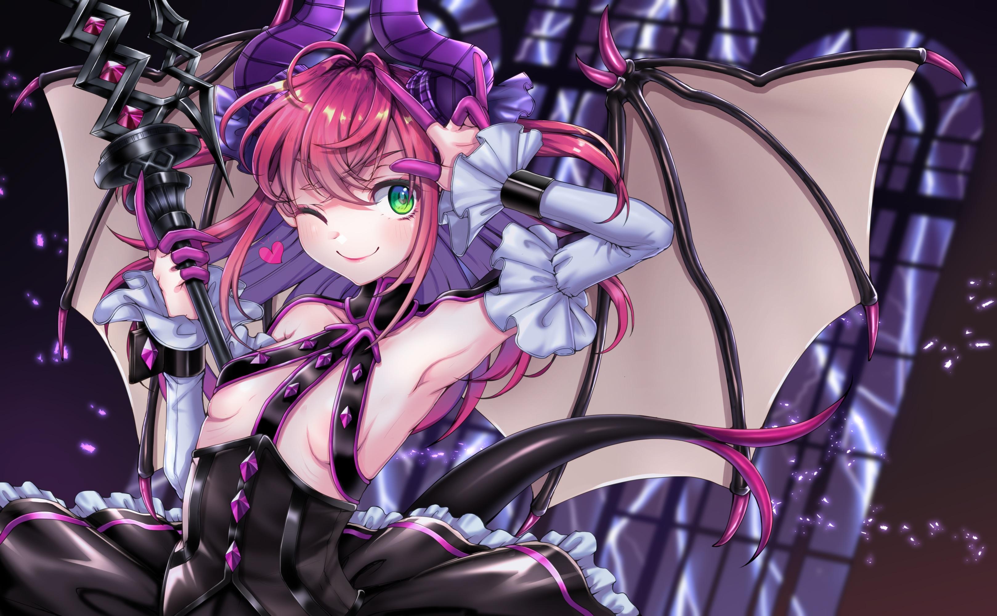 3237x2000 Blush Breasts Elizabeth Bathory (fate) Fate Grand Order Fate (series) Green Eyes Horns Pink Hair Tagme (artist) Tail Wings Wink. Konachan.com.com Anime Wallpaper