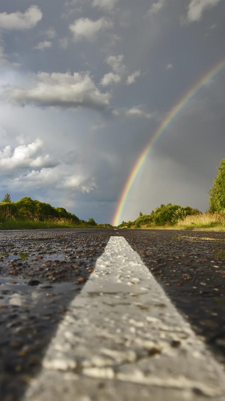 750x1334 Rainbow, Road, Trees, Clouds, After Rain 750x1334 IPhone 8 7 6 6S Wallpaper, Background, Picture, Image