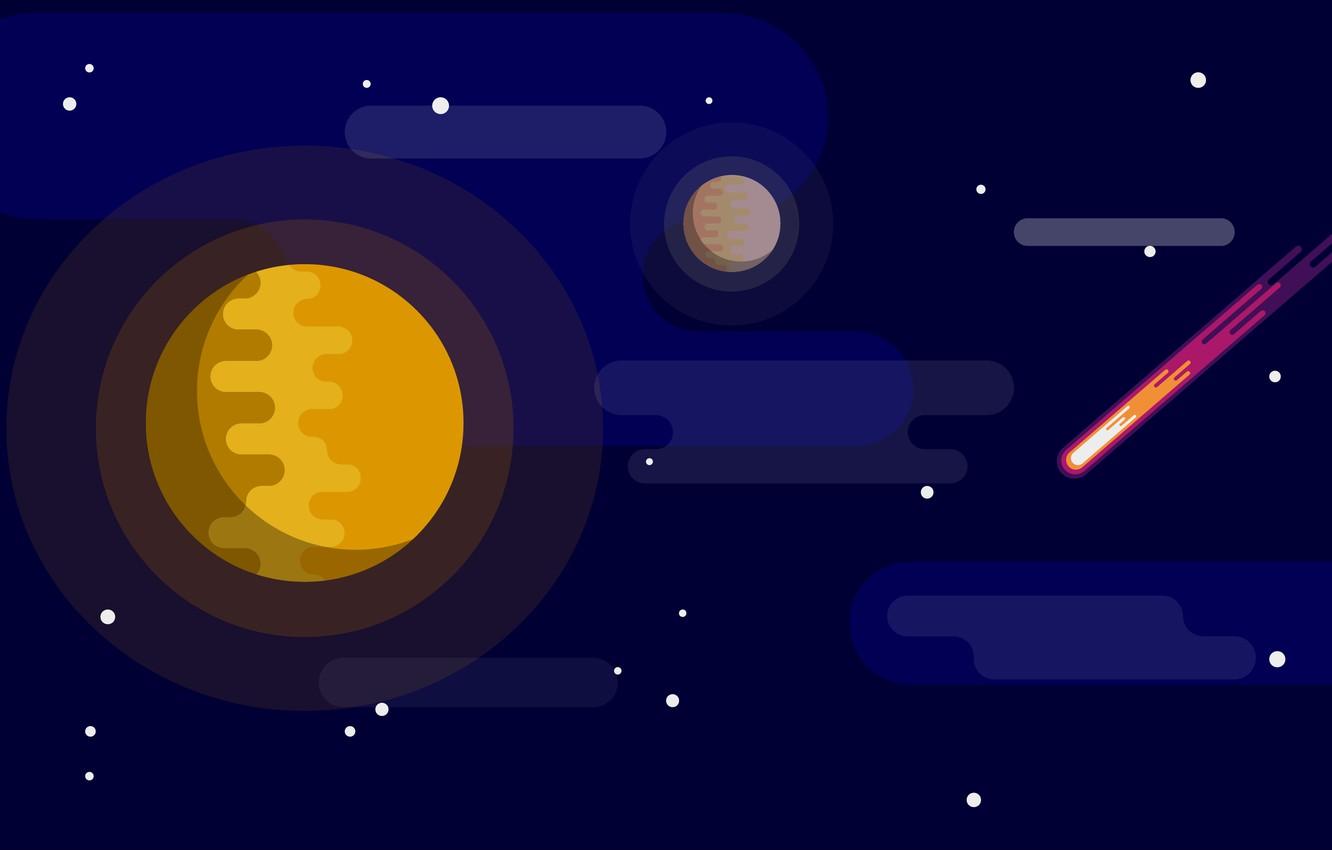 1332x850 Wallpaper dark, space, red, moon, star, minimalism, yellow, blue, art, stars, orange, planet, illustration, comet image for desktop, section космос