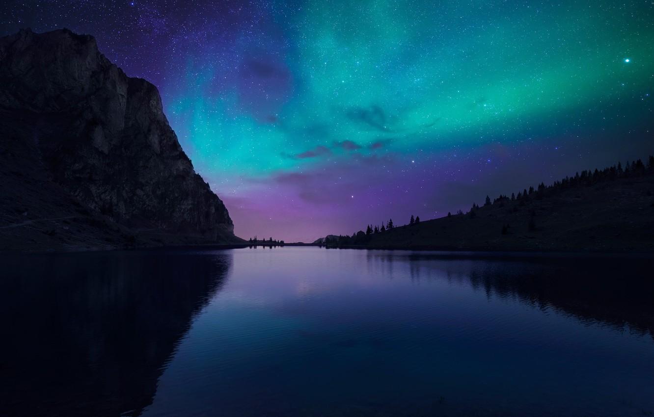 1332x850 Wallpaper lake, silence, mountain, Northern lights, Night image for desktop, section пейзажи
