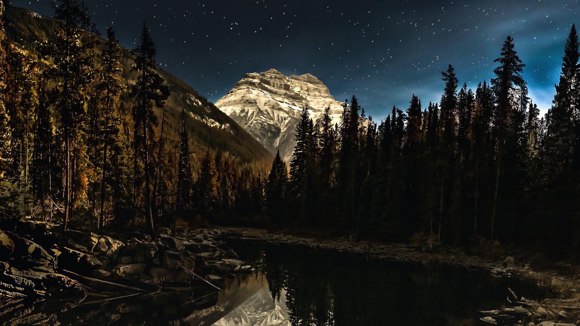 1920x1080 Lake Mountain Forest Night Landscape Wallpaper HD Wall For Your XFCE Desktop