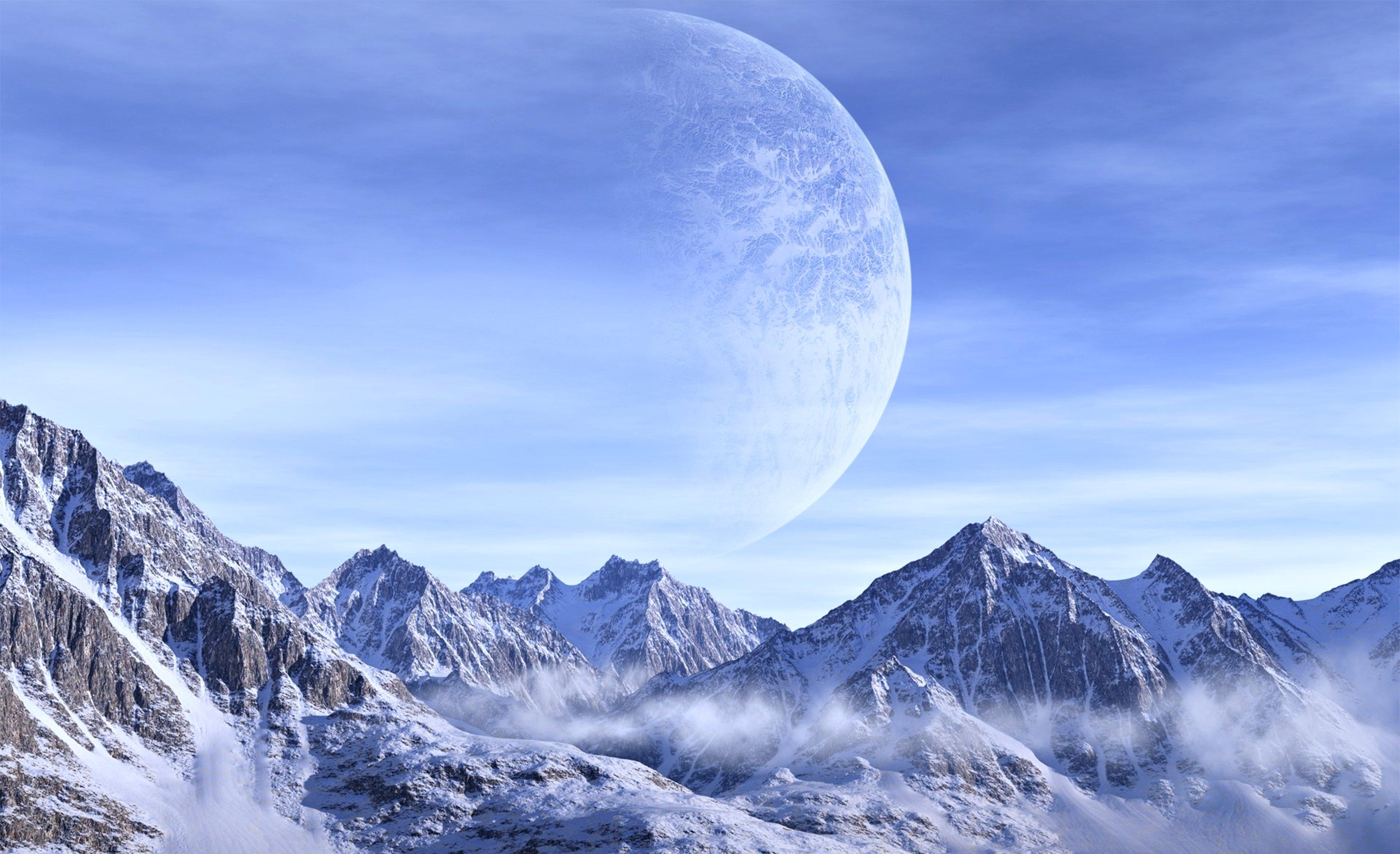 3840x2344 planets, Mountains, Snow, White, Sky, Space, Clouds, Imagination, Fantasy, Nature, Landscapes Wallpaper HD / Desktop and Mobile Background