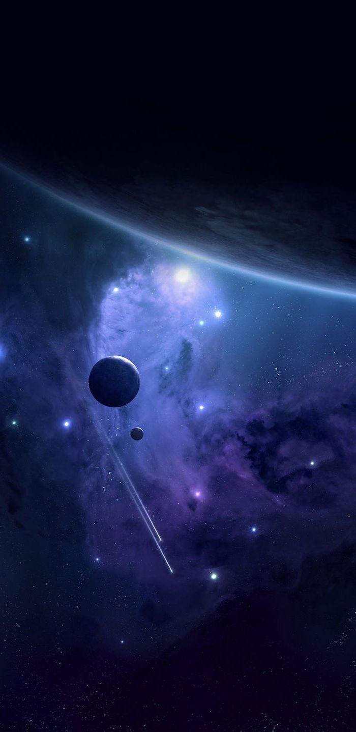 700x1438 Outer Space Wallpaper Two Planets Shooting Stars On Purple Blue Black Background. Cool Galaxy Wallpaper, Galaxy Wallpaper, Purple Galaxy Wallpaper