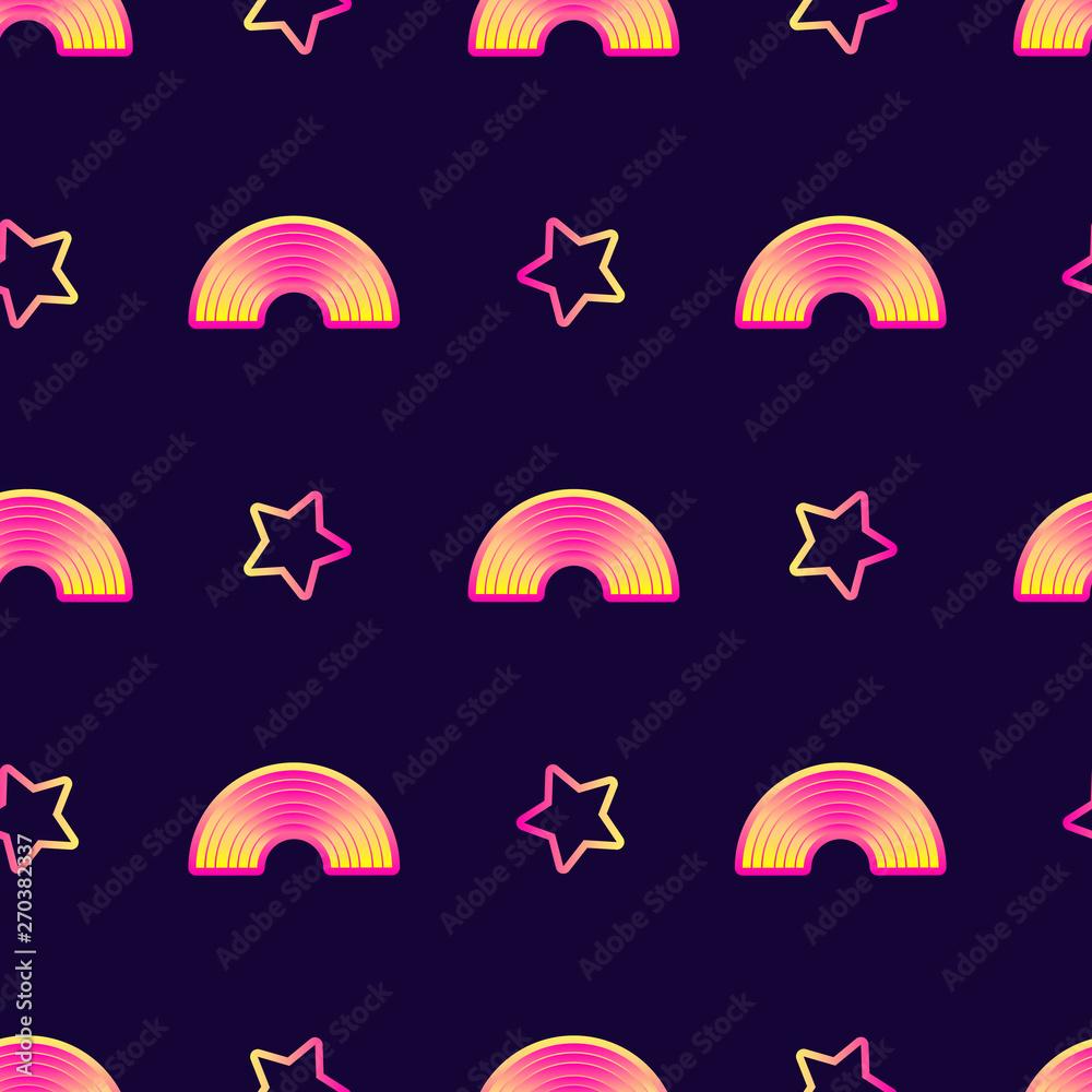 1000x1000 Seamless pattern with stars and rainbows. Night sky background. Cute, kawaii wallpaper. Stock Vector