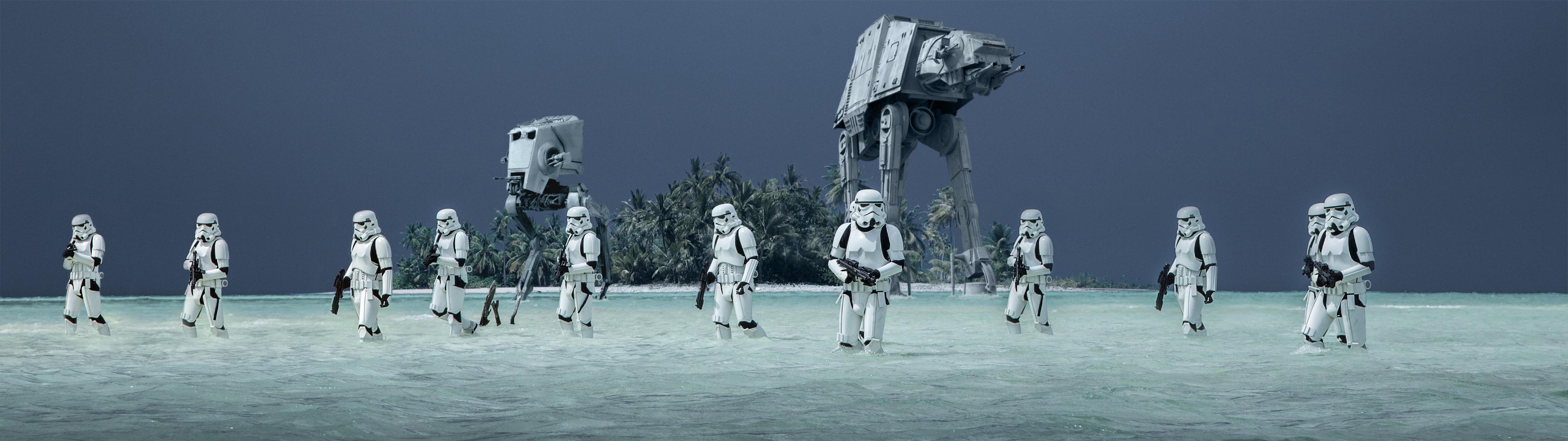 3840x1080 Star Wars Rogue One A Star Wars Story Storm Troopers AT AT Walker AT ST Walker AT ST AT AT Beach Wat Wallpaper:3840x1080