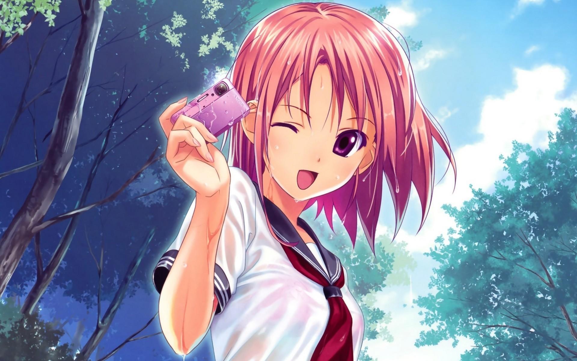1920x1200 women, Redheads, Wet, Anime, Purple, Eyes, Photo, Camera, Anime, Girls Wallpaper HD / Desktop and Mobile Background