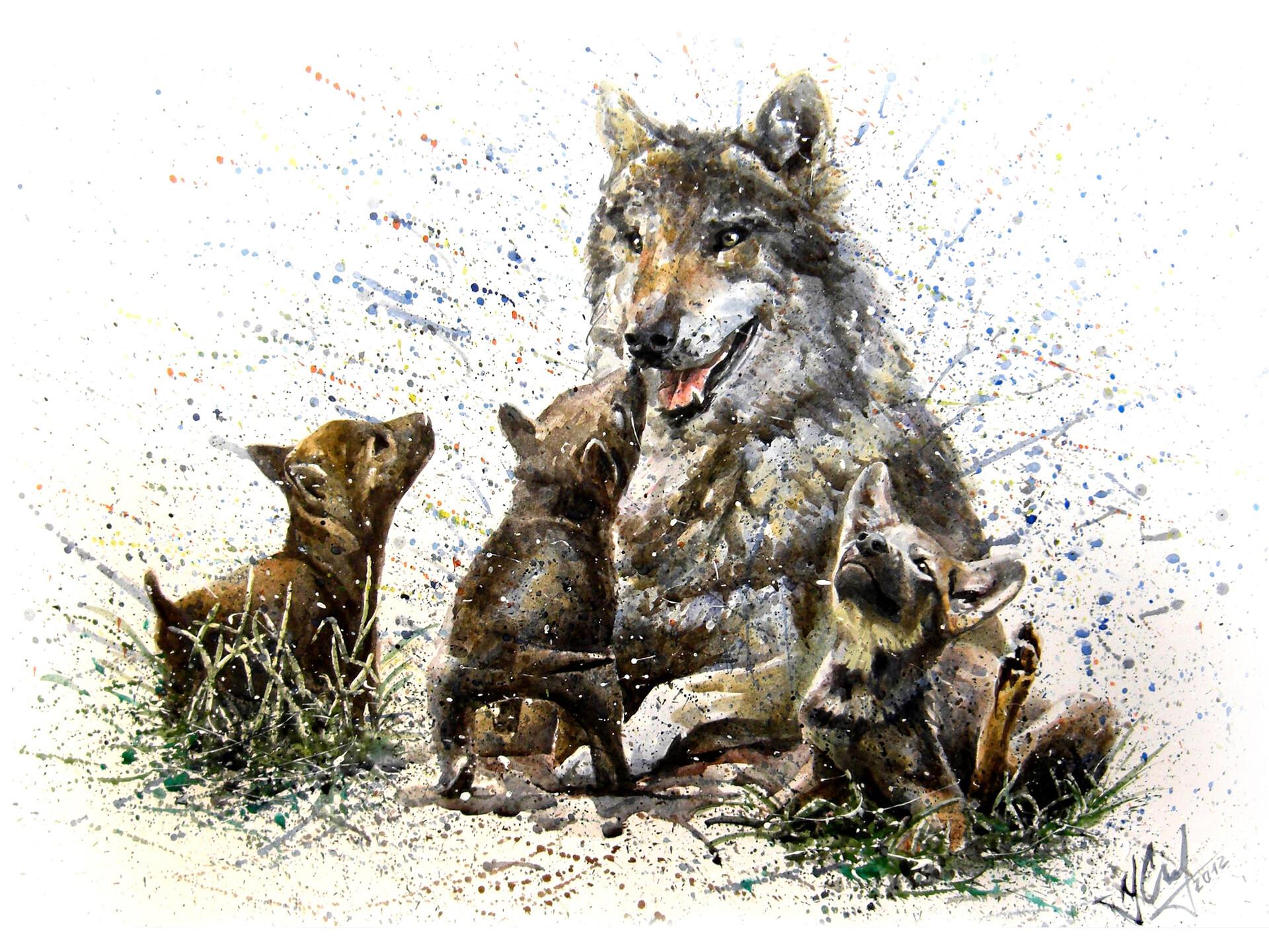 1920x1440 Morning wolf family watercolor painting