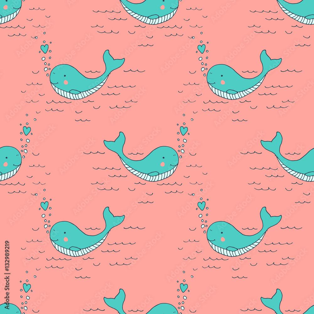 1000x1000 Cute baby blue whale with hearts hand drawn seamless pattern. Childish kawaii style sketch with small animal. Valentines day romantic wallpaper Stock Vector