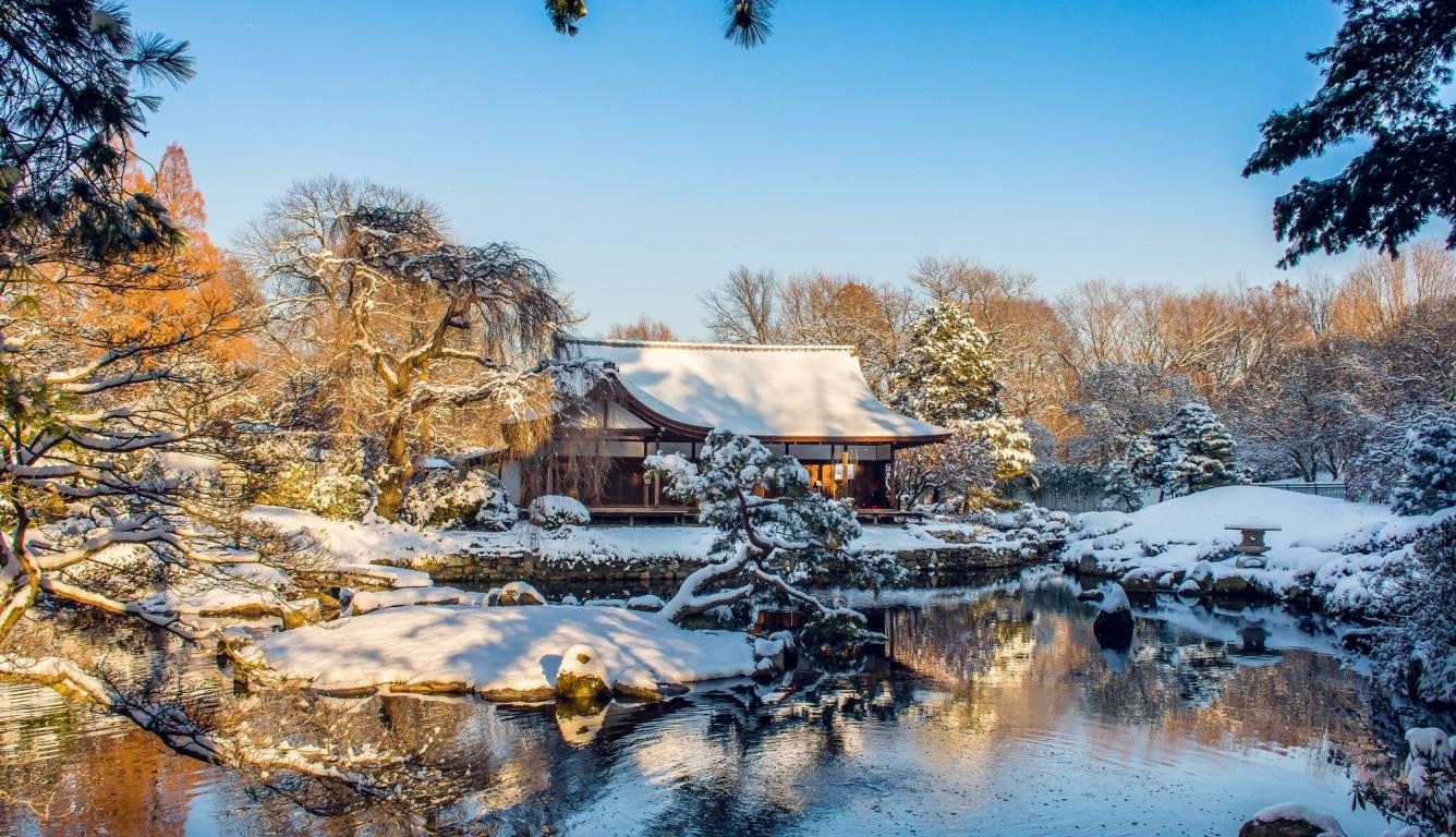 1336x768 Wallpaper Winter, Reflection, House, Snow, Japan, Trees, Water:2048x1365
