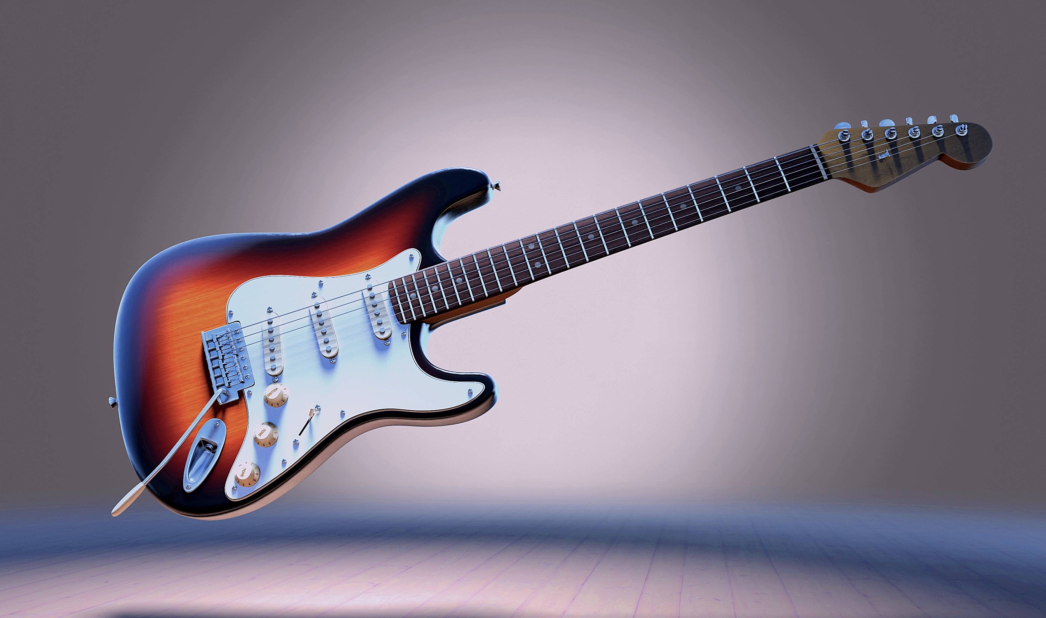 3500x2068 Electric guitar soars in the air on a gray background Desktop wallpaper 1920x1080