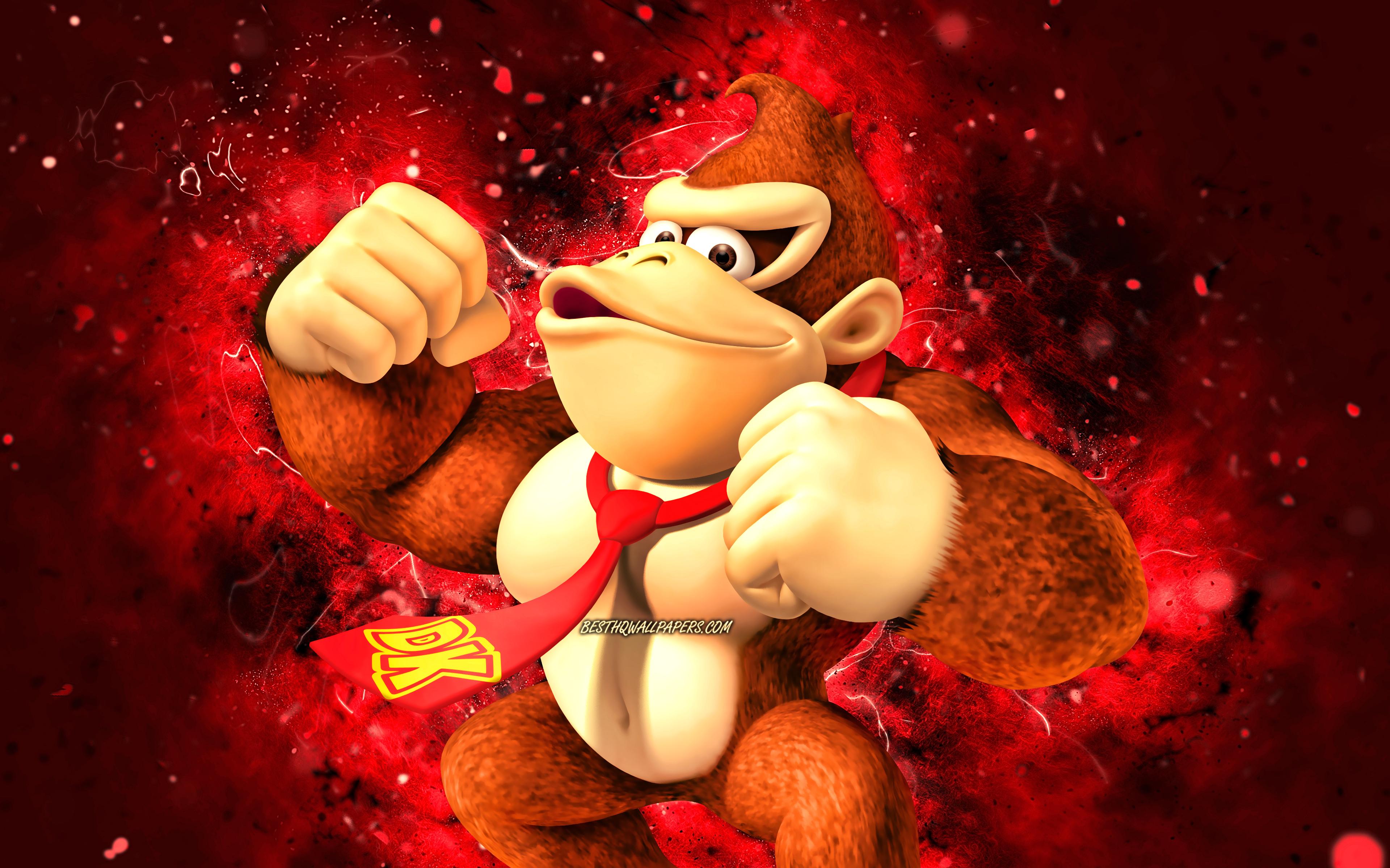 3840x2400 Download wallpaper Donkey Kong, 4k, cartoon monkey, red neon lights, Super Mario, creative, Super Mario characters, Super Mario Bros, Donkey Kong Super Mario for desktop with resolution 3840x2400. High Quality HD picture
