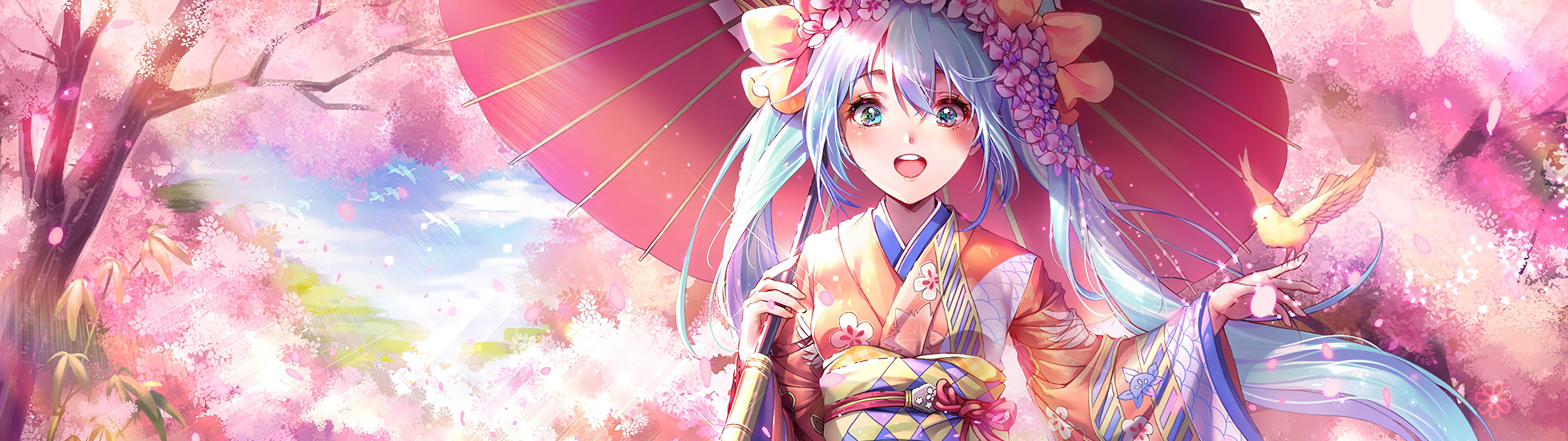 7680x2160 Anime Girl Kimono Cherry Blossom 4K Wallpaper