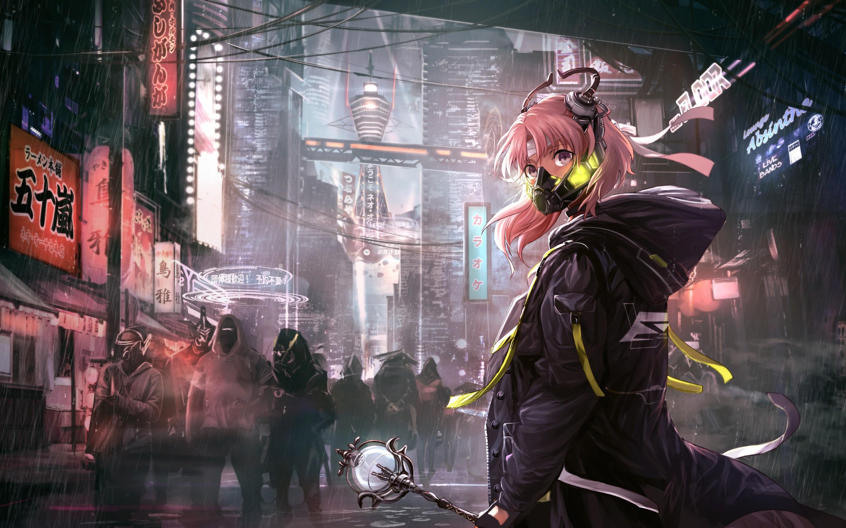 2880x1800 Anime Girl Mask Cyberpunk Sci Fi 4K Wallpaper