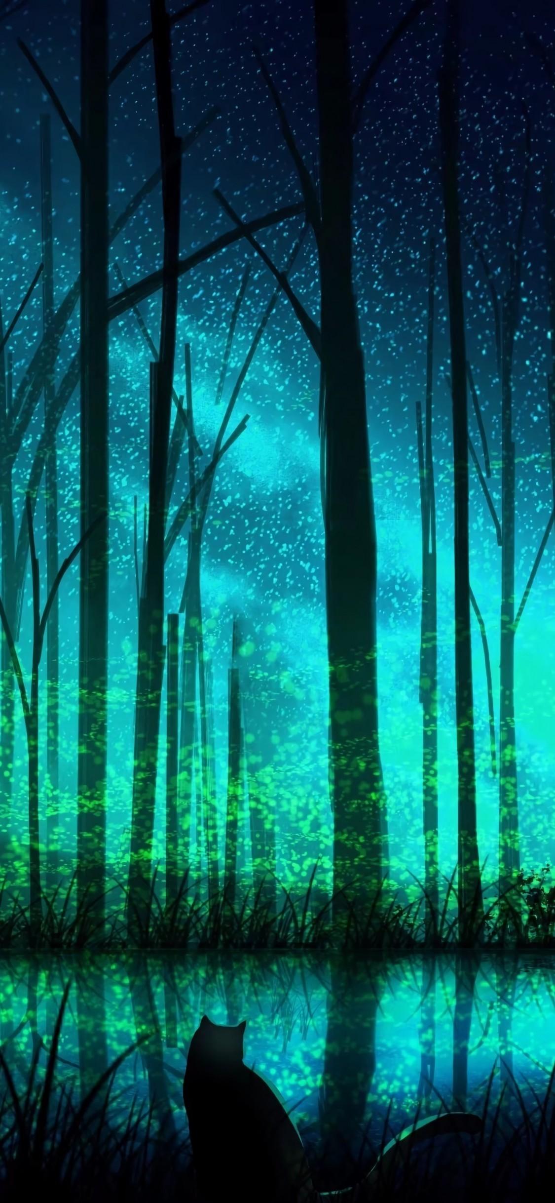 1125x2436 Dark Forest, Lake, Cat, Stars, Trees, Artwork