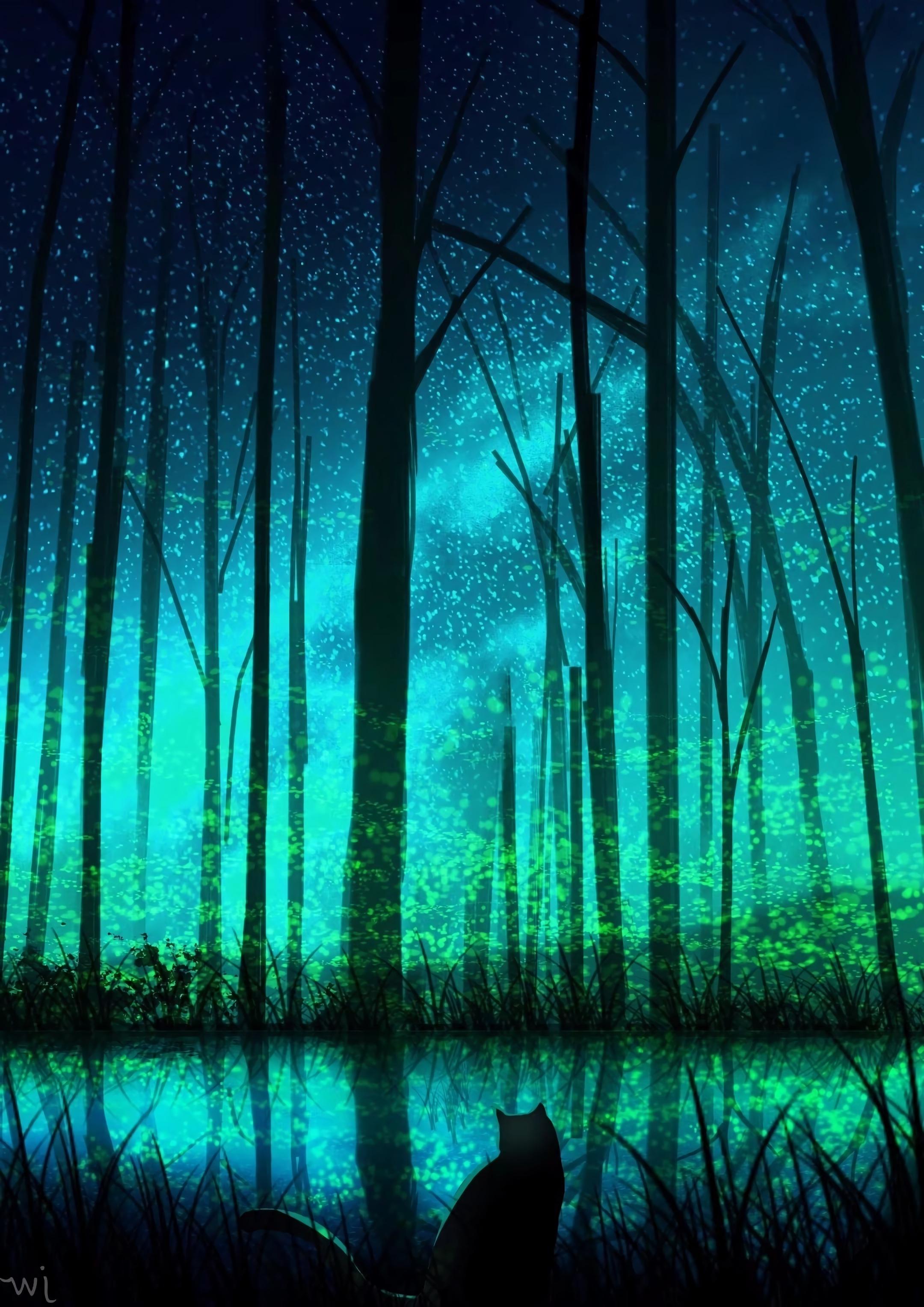 2160x3054 Wallpaper Dark Forest, Lake, Cat, Stars, Trees, Artwork:2160x3054