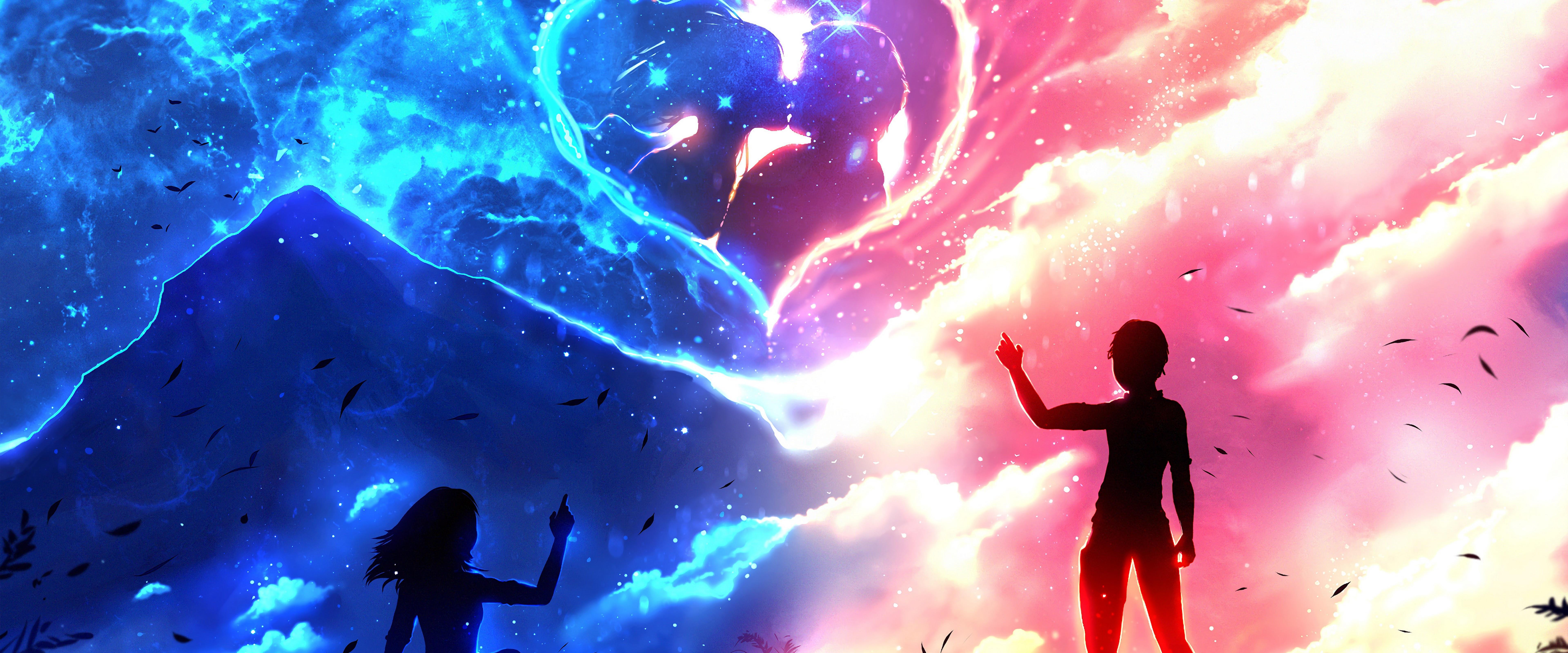 7680x3200 Anime Couple Silhouette Heart 4K Wallpaper