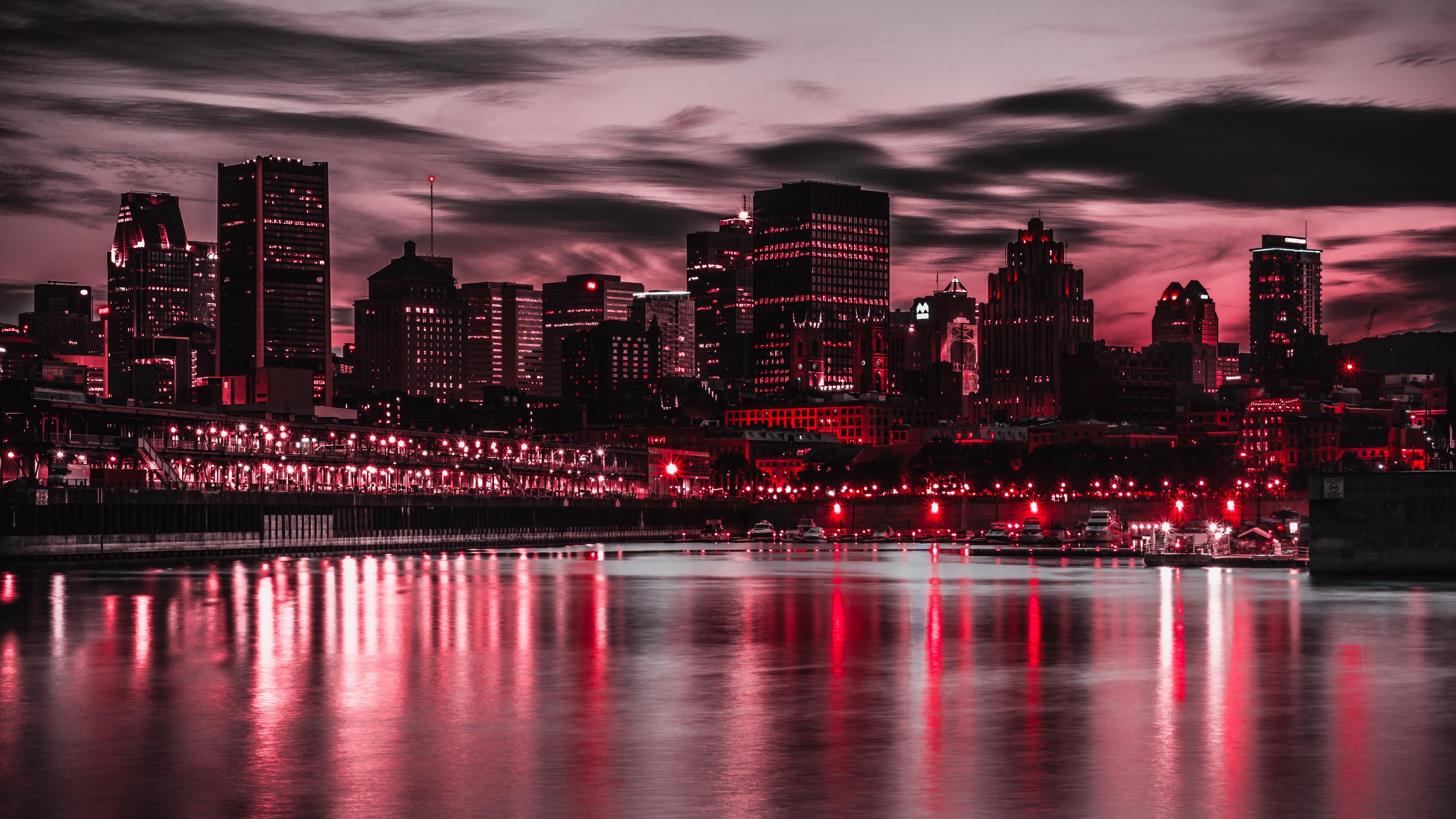 3840x2160 Wallpaper 4k night city, city lights, buildings, shore, night 4k Wallpaper