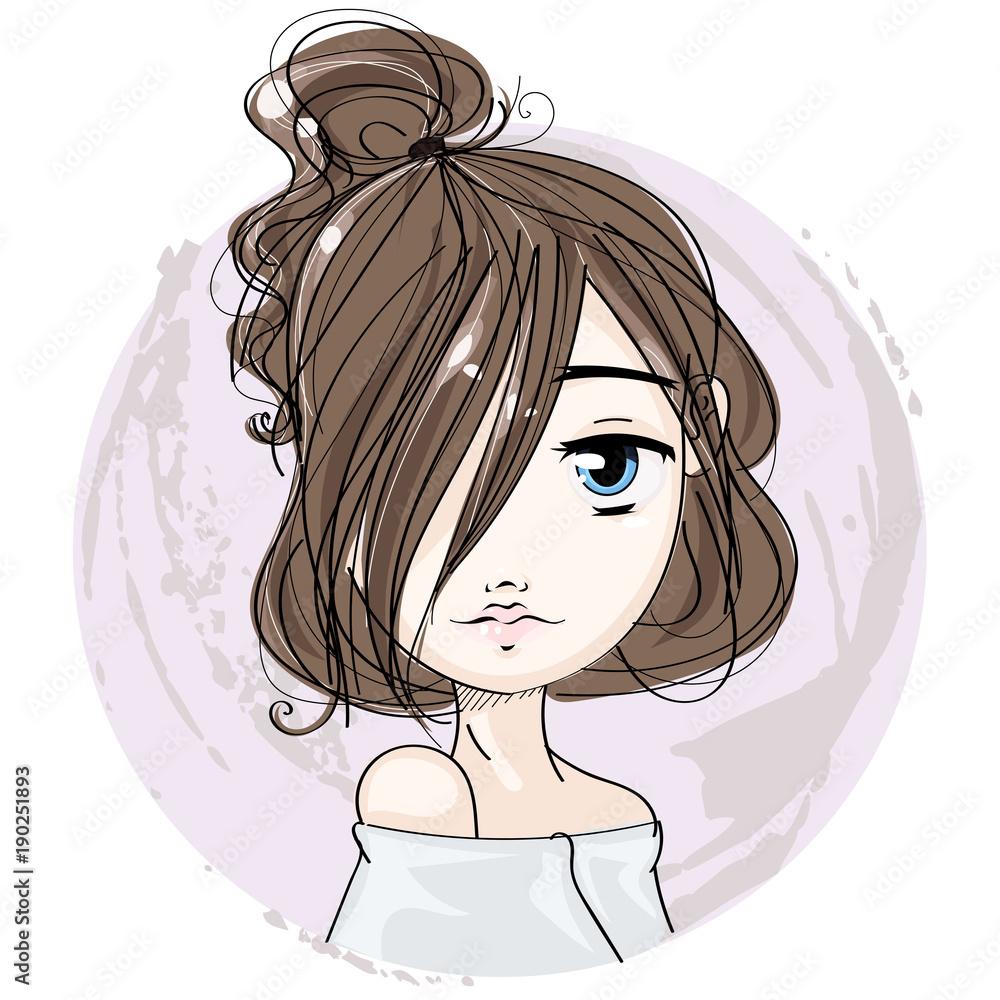 1000x1000 Cute little girl cartoon character portrait, young fashion woman vector illustration Stock Vector