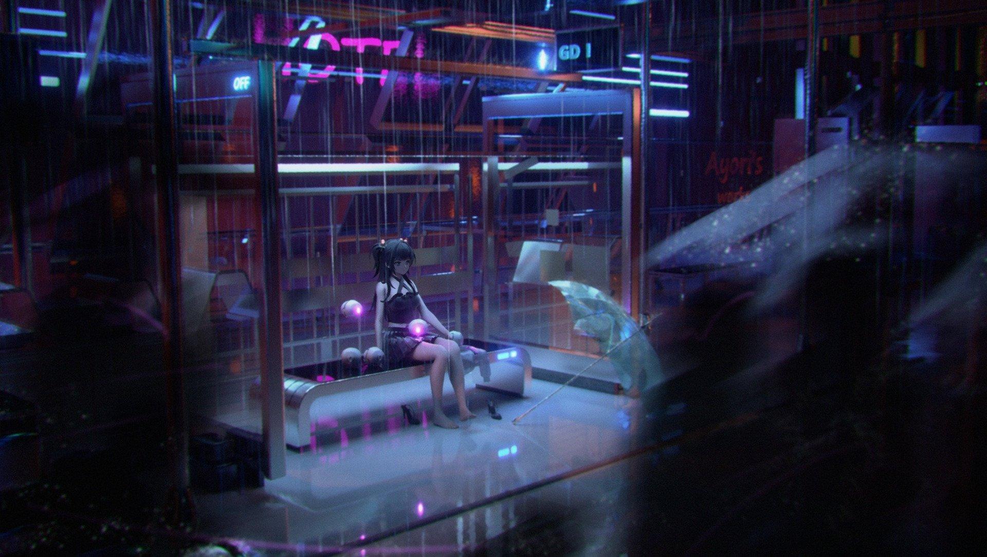 1920x1085 Girl on a bus stop (Cyberpunk vibe) by 茶 HD Wallpaper