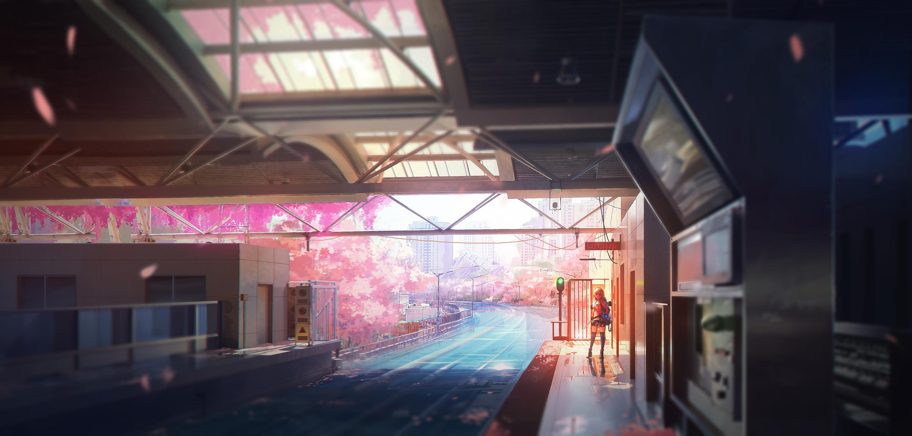 3137x1500 Bus Station Anime Backround