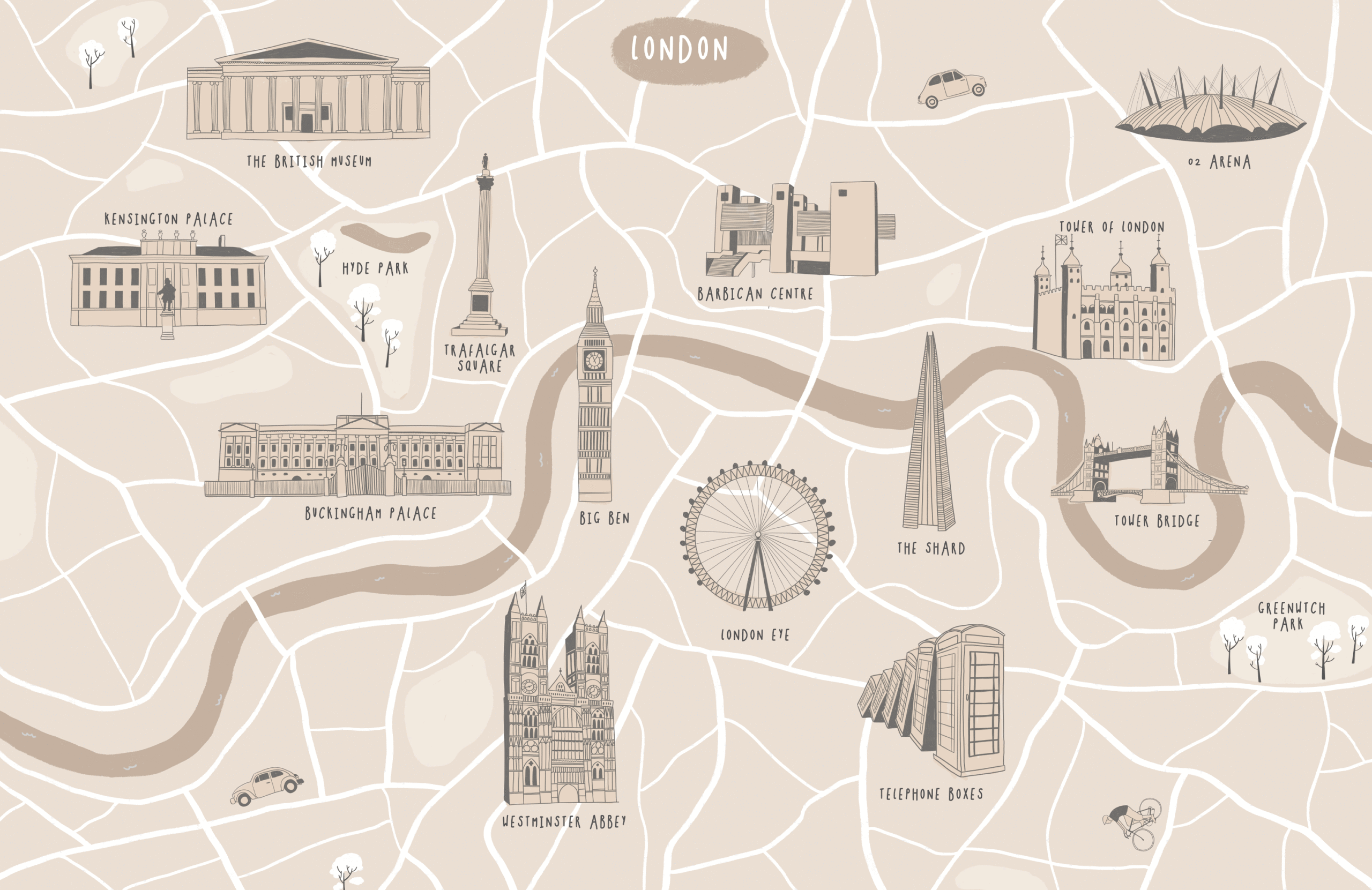 2560x1661 London City Landmarks Map Wall Mural