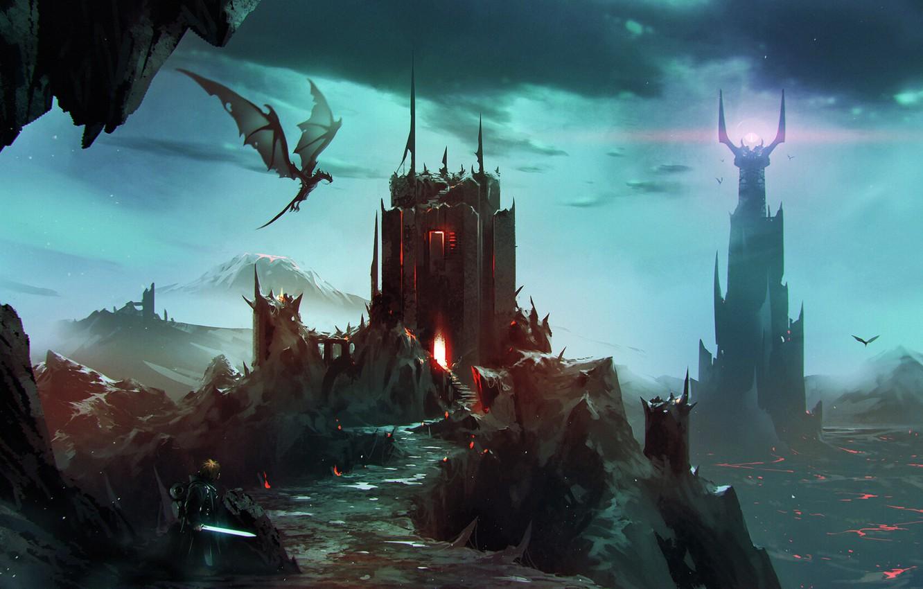 1332x850 Wallpaper Mountains, Night, Tower, Figure, Dragon, Monster, Flight, Warrior, The Lord Of The Rings, Fantasy, Dragon, Art, Art, Frodo, Dragons, Fiction image for desktop, section фантастика