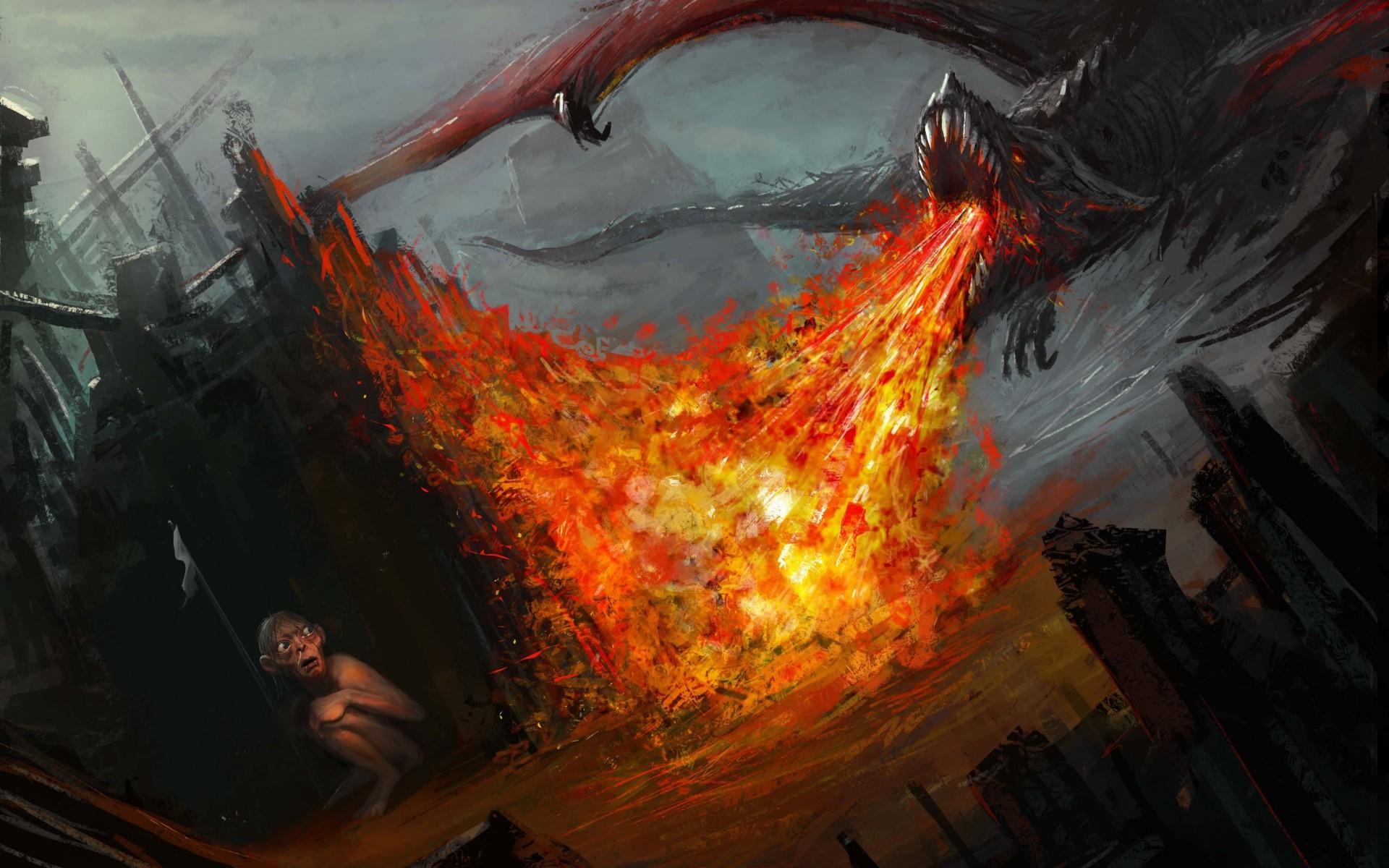 1920x1200 fantasy, Art, Gollum, Dragon, Lord, Rings, Fire Wallpaper HD / Desktop and Mobile Background