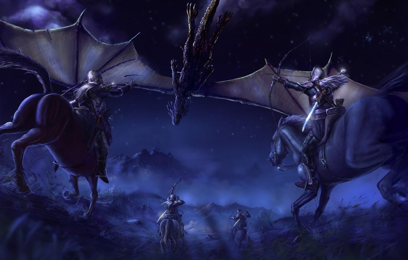 1332x850 Wallpaper mountains, night, dragon, elf, horses, stars, The Lord Of The Rings, battle, night, wings, mountains, stars, horses, The Lord of the Rings, John Ronald Reuel Tolkien, dragon image for desktop, section