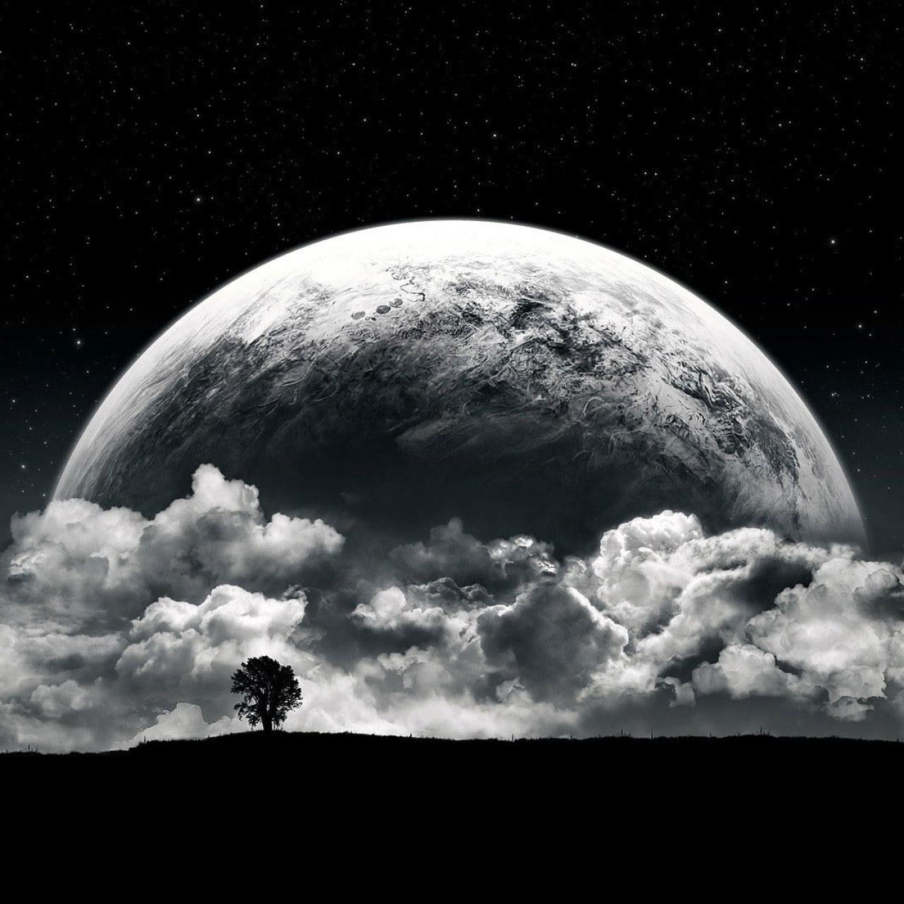 1280x1280 Wallpaper Planet, Moon, Clouds, Stars, Night, Black, White • Wallpaper For You