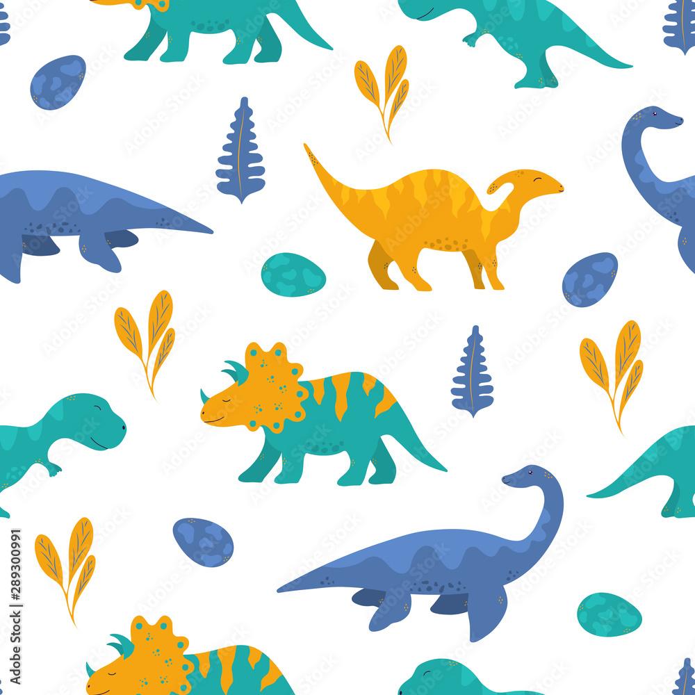 1000x1000 Cute Funny Colorful Dinosaur Seamless Pattern For Kids Textile. Vector Isolated Dino Background For Wallpaper Or Boy T Shirt. Stock Vector