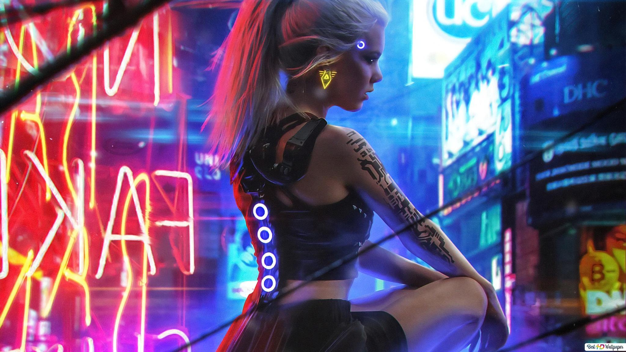 2048x1152 Cyberpunk 2077' Video Game [Cyborg Cosplay Girl] HD wallpaper download 2077 wallpaper