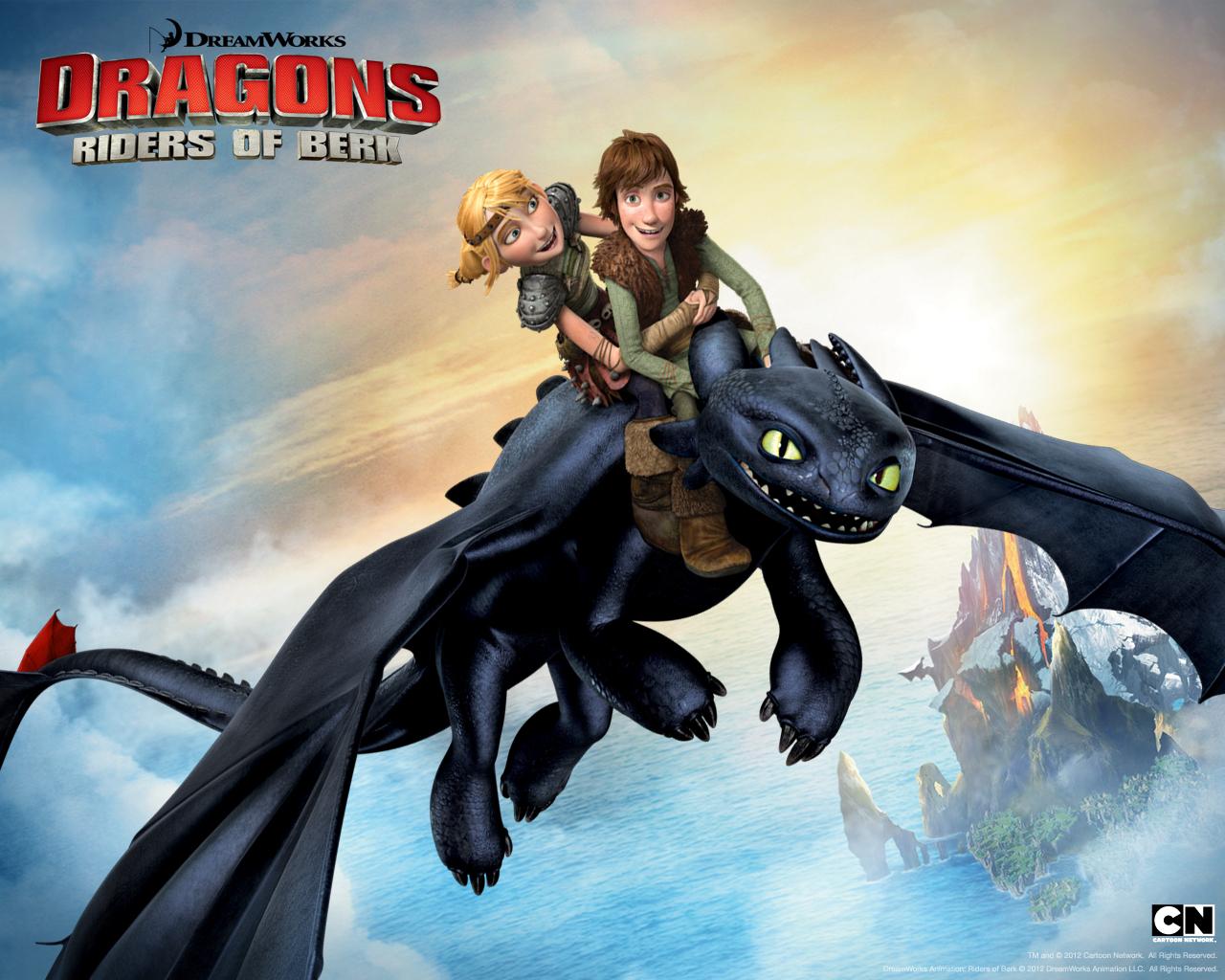 1280x1024 Hiccup and Astrid with Toothless in Riders of Berk Desktop Wallpaper