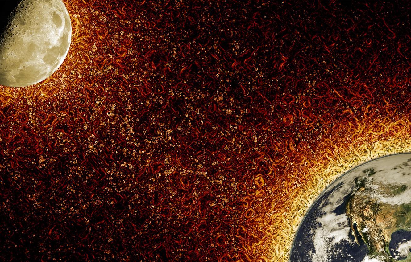 1332x850 Wallpaper fire, moon, art, planet earth, effect image for desktop, section космос