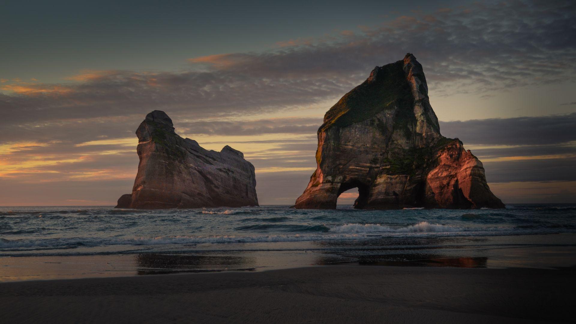 1920x1080 New zealand, beach, arc, cliff, sunset wallpaper, HD image, picture, background, 1b6b47