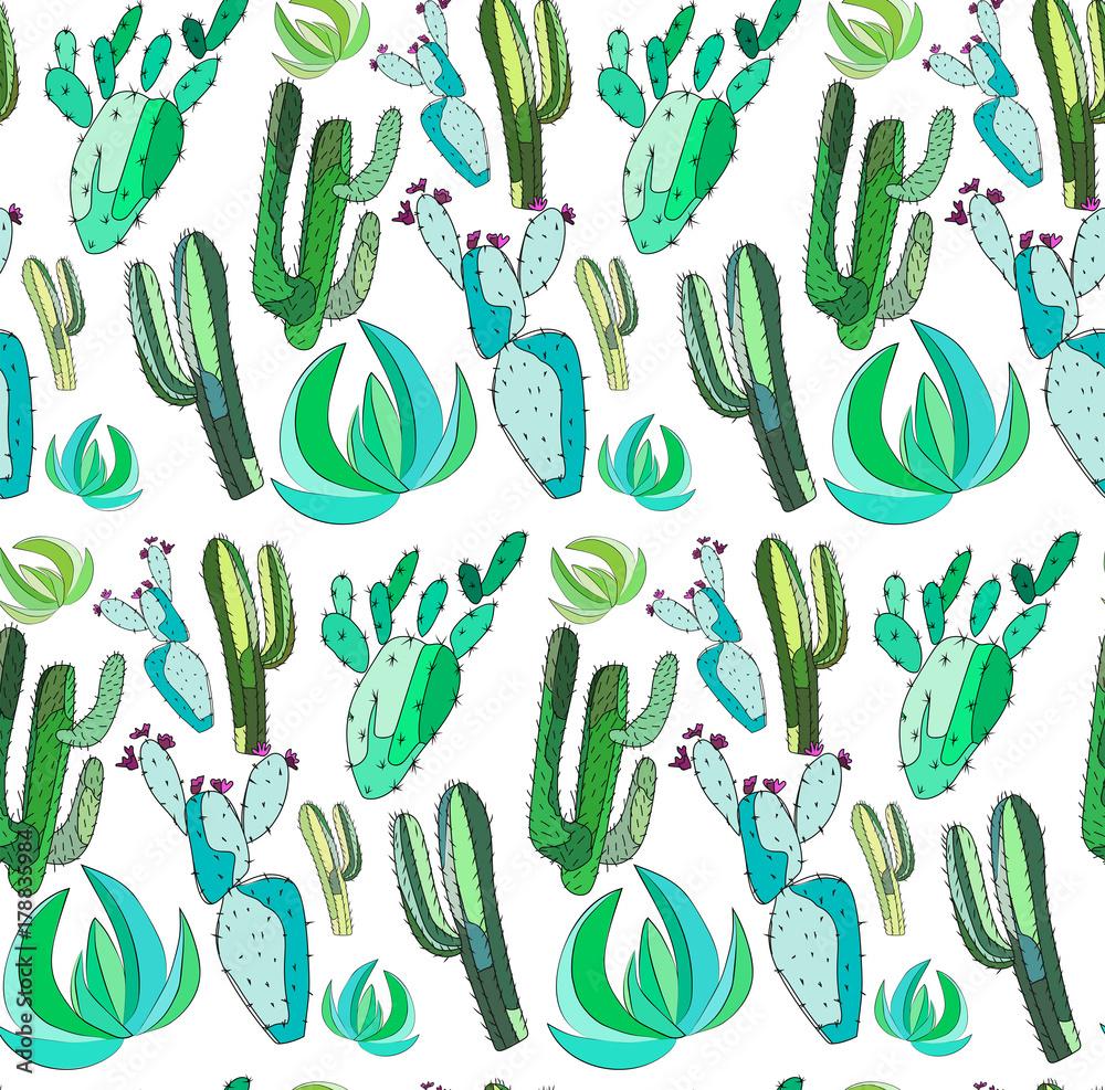1000x987 Bright cute beautiful abstract lovely mexican tropical floral herbal summer green set of a cactus paint like child vector illustration. Perfect for textile, wallpaper, wrapping paper Stock Vector