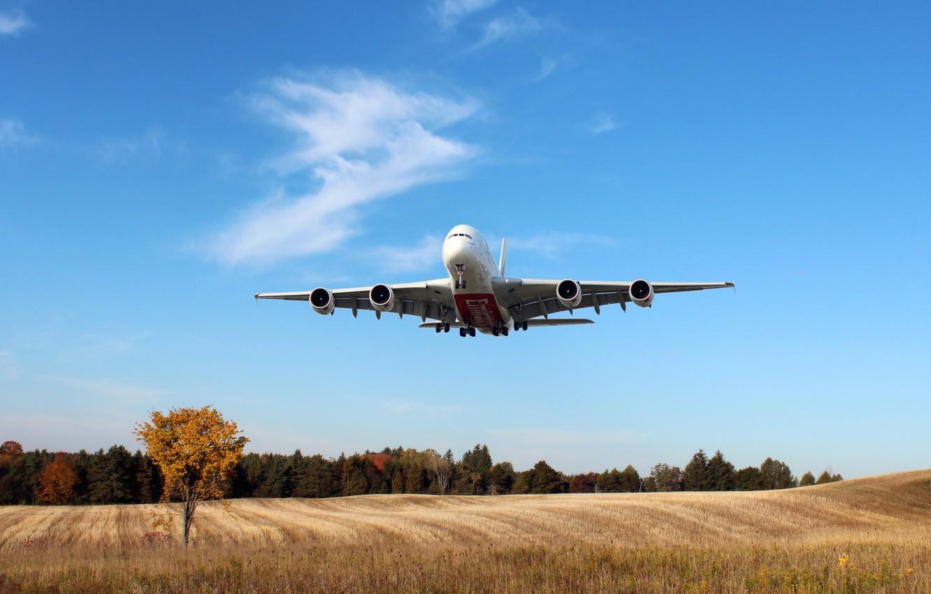 1332x850 Wallpaper The sky, Field, White, The plane, Trees, Day, A Landing, Passenger, Airbus, In The Air, Airliner, Emirates Airline image for desktop, section авиация