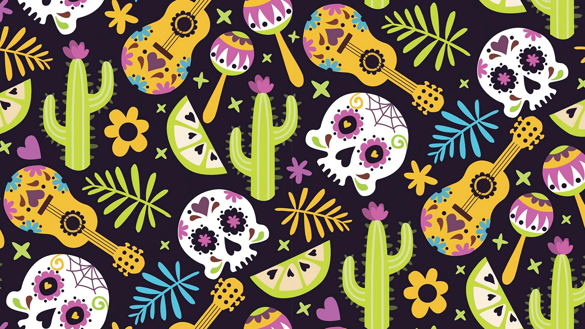 1920x1080 Wallpaper Mexico, Skull, Guitar, Cacti, Patterns, Texture, Of Life Pattern