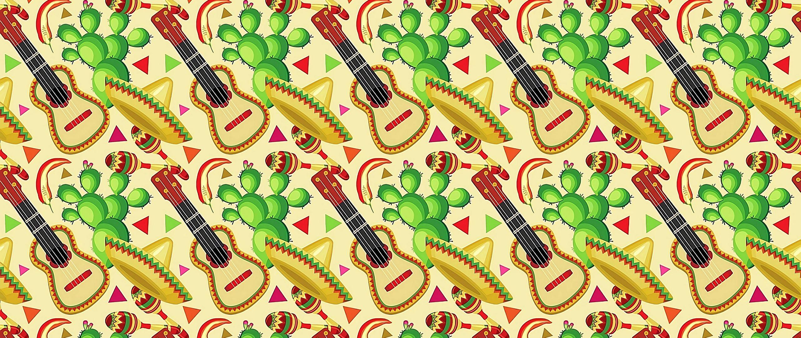 2560x1080 Download wallpaper 2560x1080 sombrero, guitar, cactus, pattern, mexican dual wide 1080p HD background