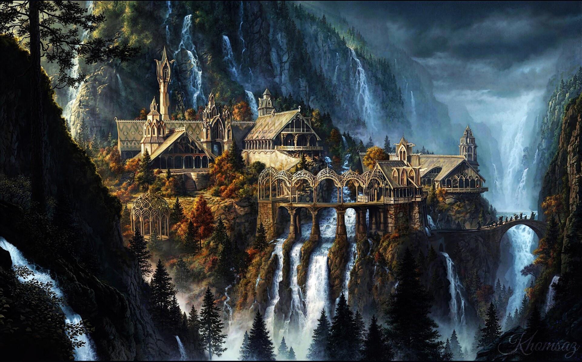 1920x1196 Rivendell The Lord Of The Rings Fantasy Art Waterfall Artwork Wallpaper:1920x1196