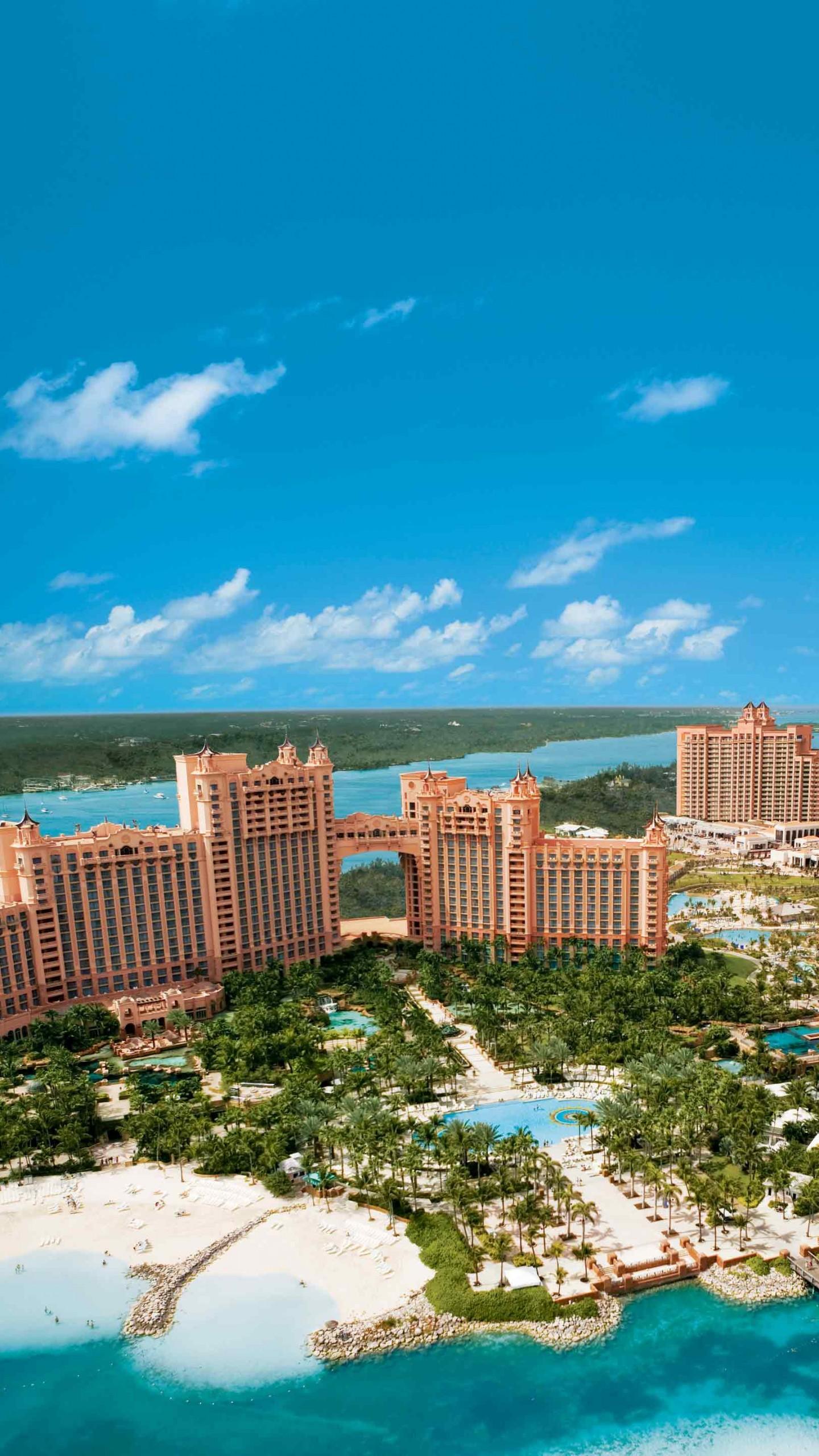 1440x2560 Wallpaper Bahamas, island, resort, hotel, sea, ocean, travel, booking, pool, beach, palm, vacation, sky, blue, Architecture
