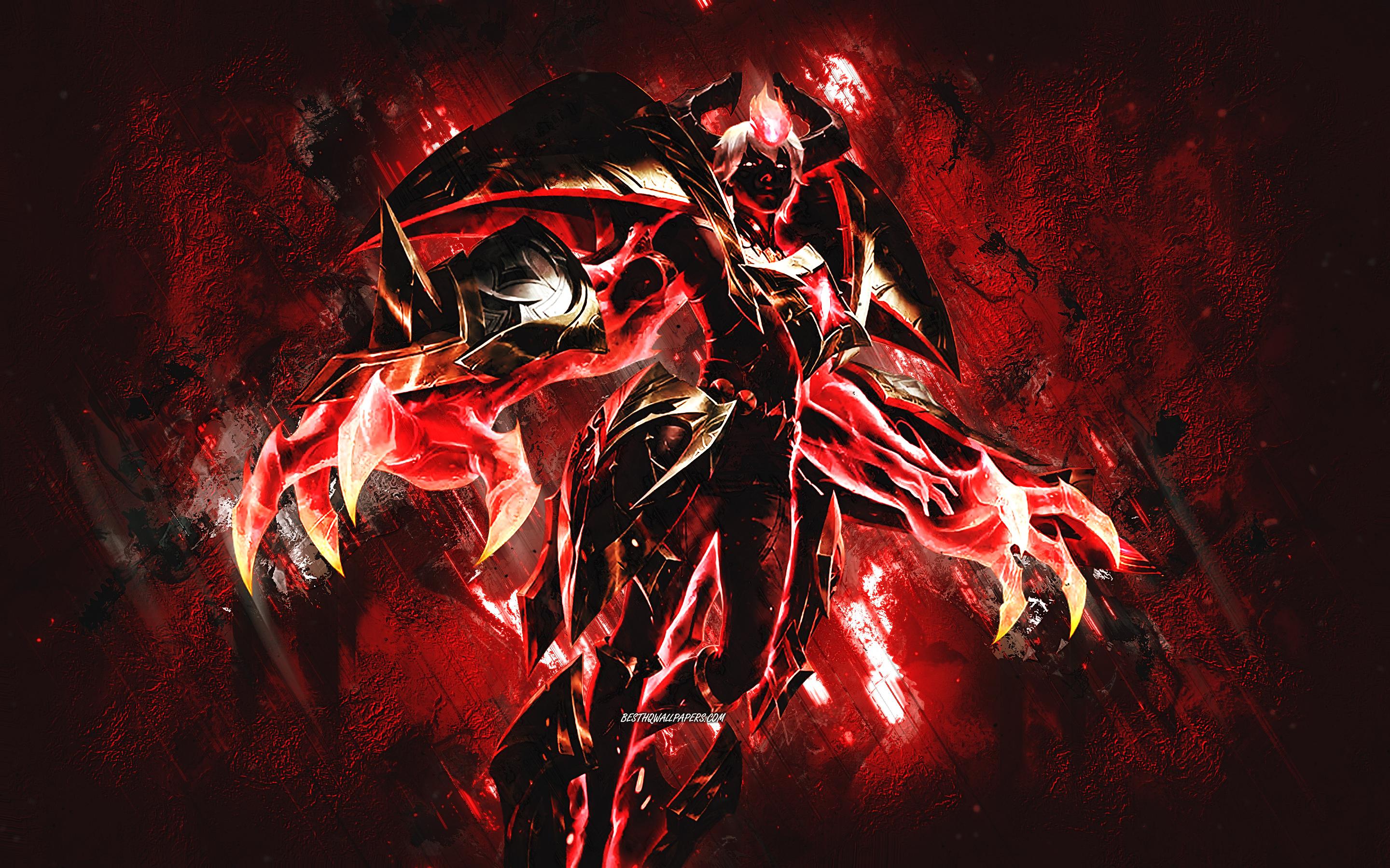 2880x1800 Download wallpaper Xerath Arcana Annie, League of Legends, red stone background, main characters, Xerath Arcana LoL, League of Legends characters, Xerath Arcana League of Legends for desktop with resolution 2880x1800. High Quality