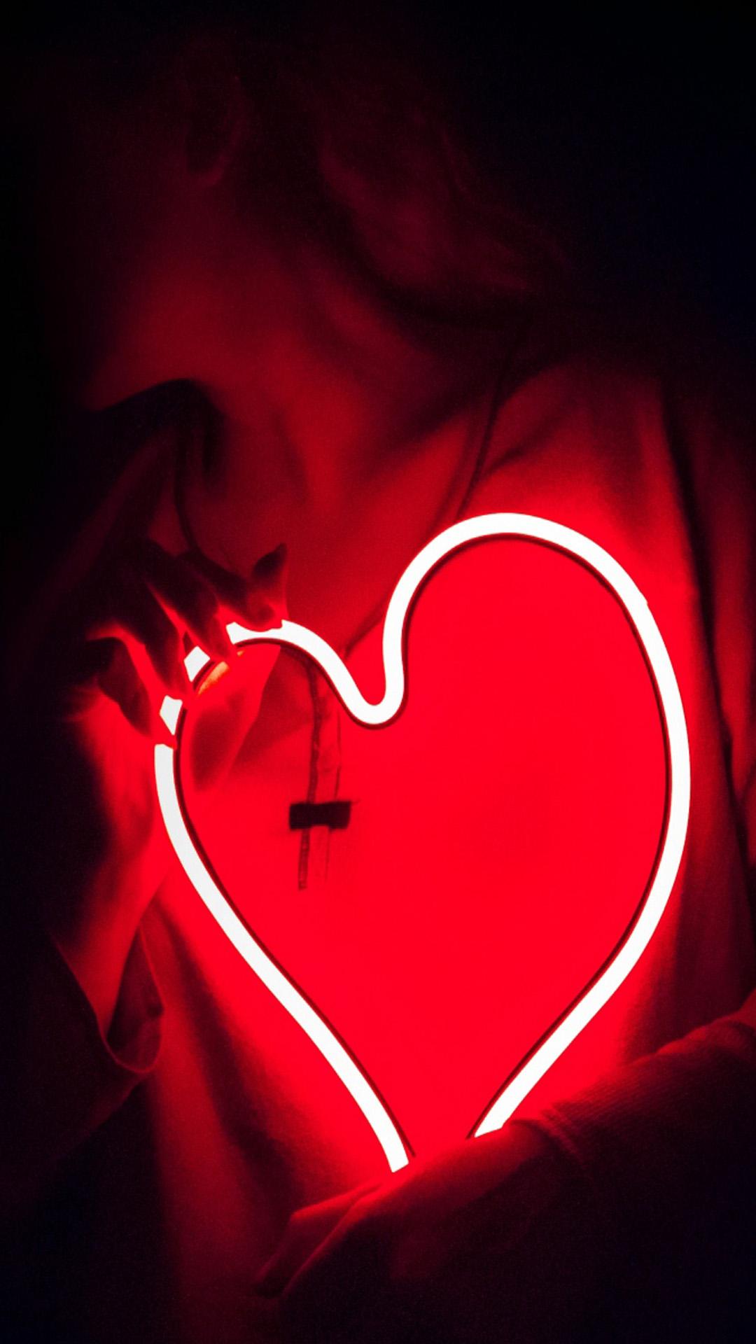 1080x1920 Girl Heart Red Neon Light 4K Ultra HD Mobile Wallpaper