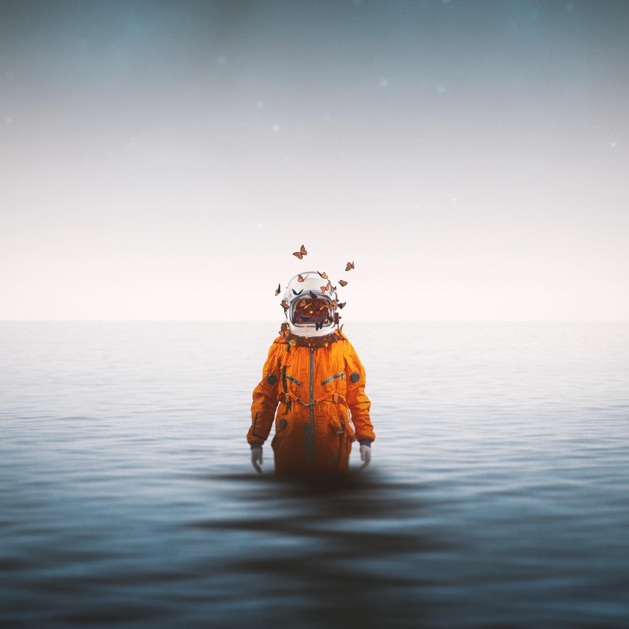 1280x1280 Wallpaper 4k astronaut, spacesuit, butterflies, surrealism, sea, horizon 4k Wallpaper