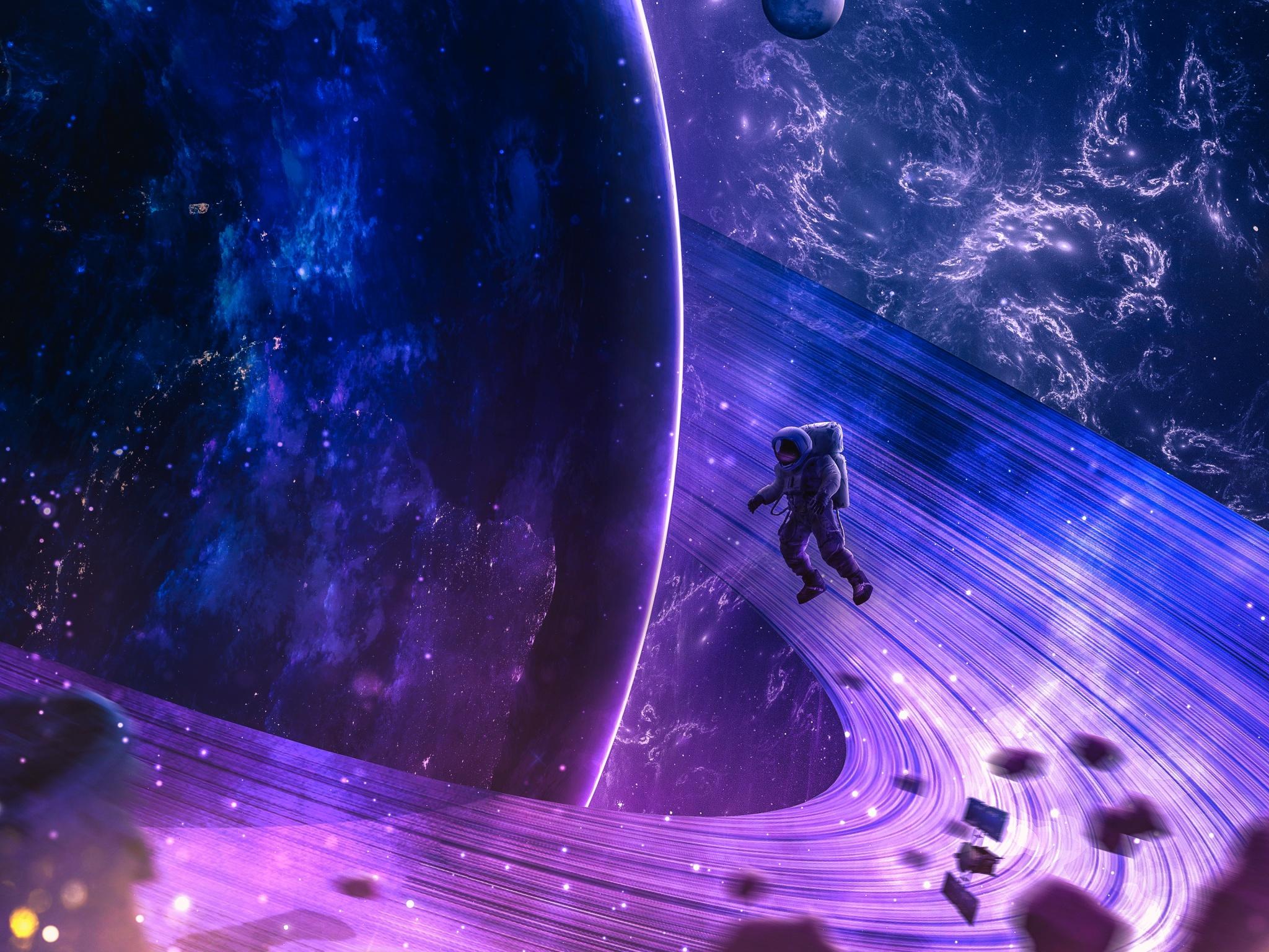 2048x1536 Astronaut Wallpaper 4K, Space, Cosmos, Planet, Rings of Saturn, Orbit, Space