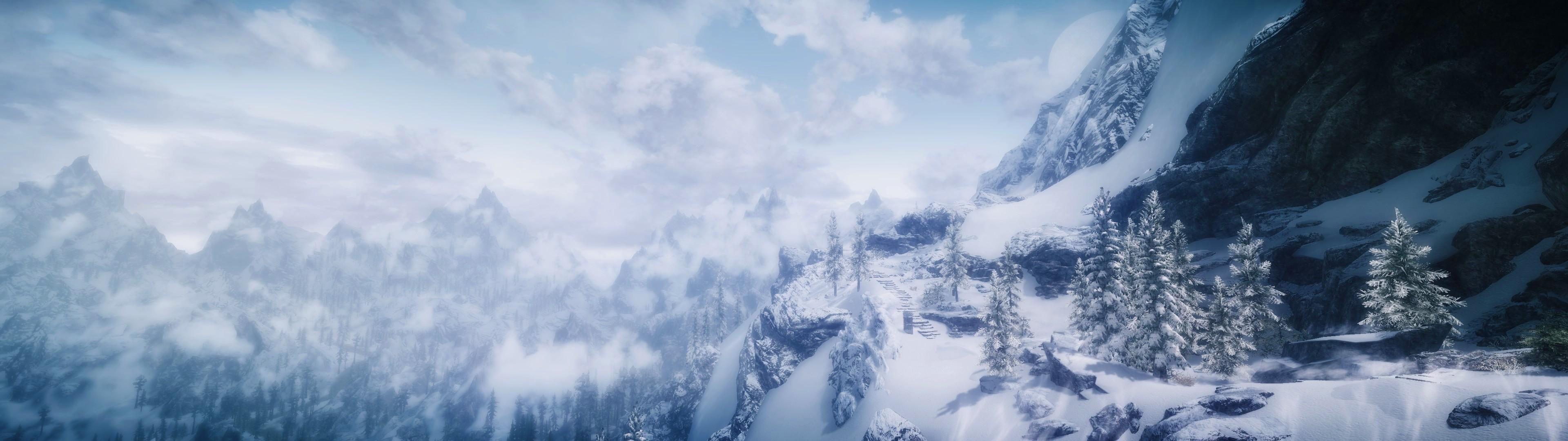 3840x1080 The Elder Scrolls V: Skyrim, Multiple Display, Mods, Landscape, Snow, Mountain Wallpaper HD / Desktop and Mobile Background